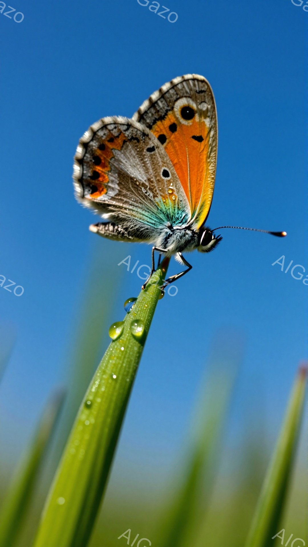 青い空を背景に、鮮やかなオレンジ色の翅を持つ蝶が緑色の草の上に静止している。水滴が光を反射してキラキラと輝き、自然の美しさを際立たせている。蝶の繊細な模様と背景のシンプルなコントラストが、見る者の心を - AI生成フリー素材