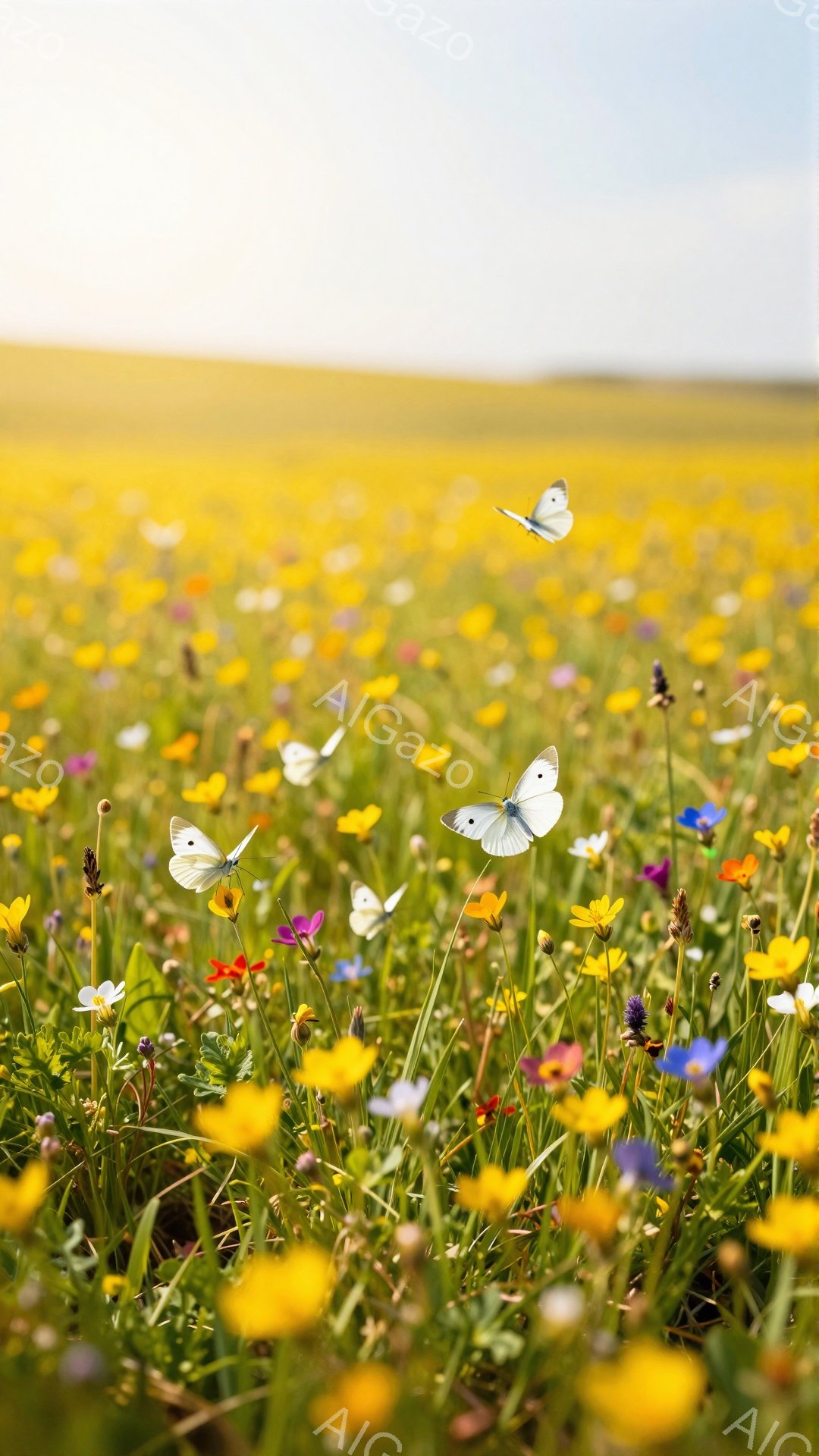 広大な野原に黄色い花々が咲き乱れ、白蝶が舞っている。日の光が柔らかく差し込み、暖かく穏やかな雰囲気を作り出している。自然の美しさが際立つ、平和な光景だ。 - AI生成フリー素材