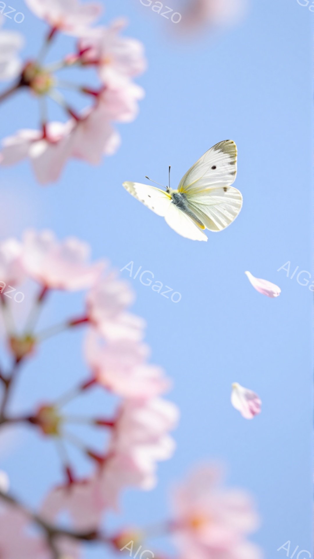 桜の花びらが舞い散る青空の下、白い蝶が優雅に飛んでいる。背景には淡いピンク色の桜が咲き乱れ、春の穏やかな雰囲気を醸し出している。光が柔らかく降り注ぎ、幻想的な光景を作り出している。 - AI生成フリー素材