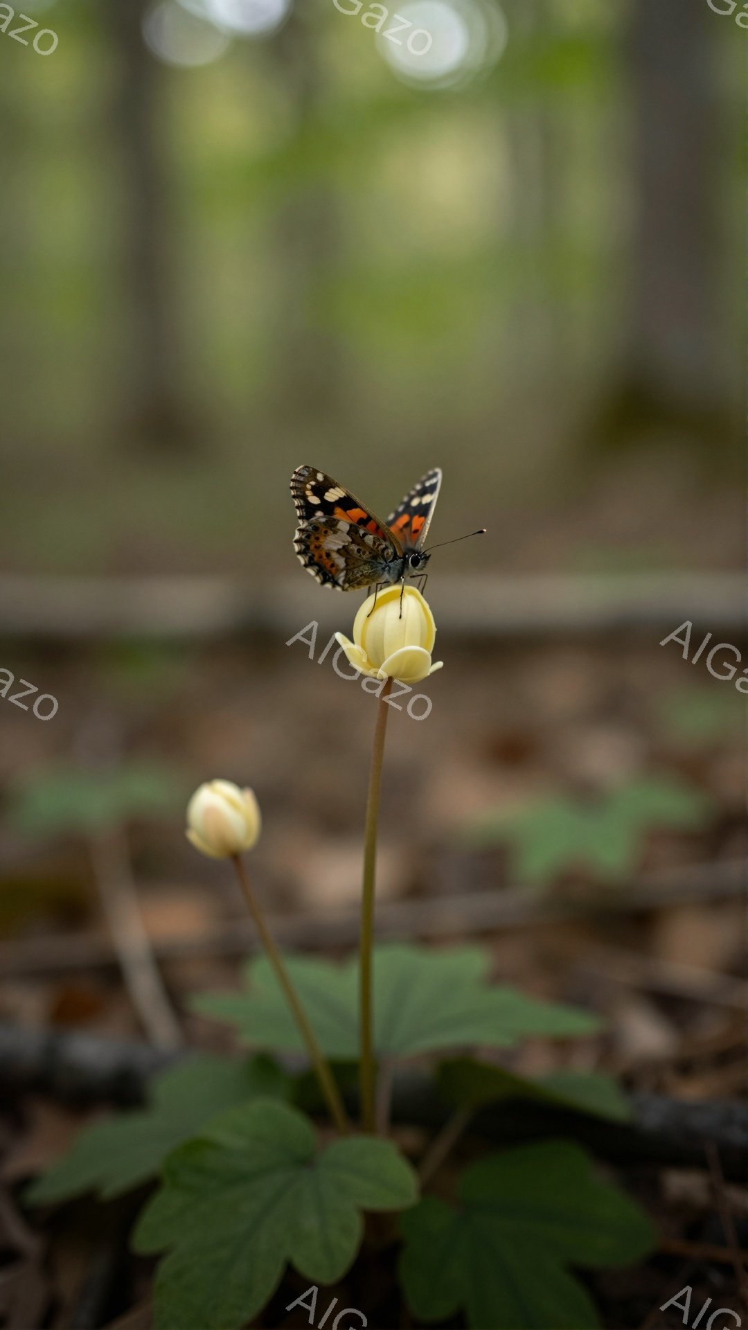 鮮やかな蝶が白い花の上にとまっている。背景は緑豊かで、春の穏やかな光が差し込み、植物の葉が美しく描かれている。柔らかな焦点と自然な色合いが、穏やかで平和な雰囲気を醸し出している。 - AI生成フリー素材