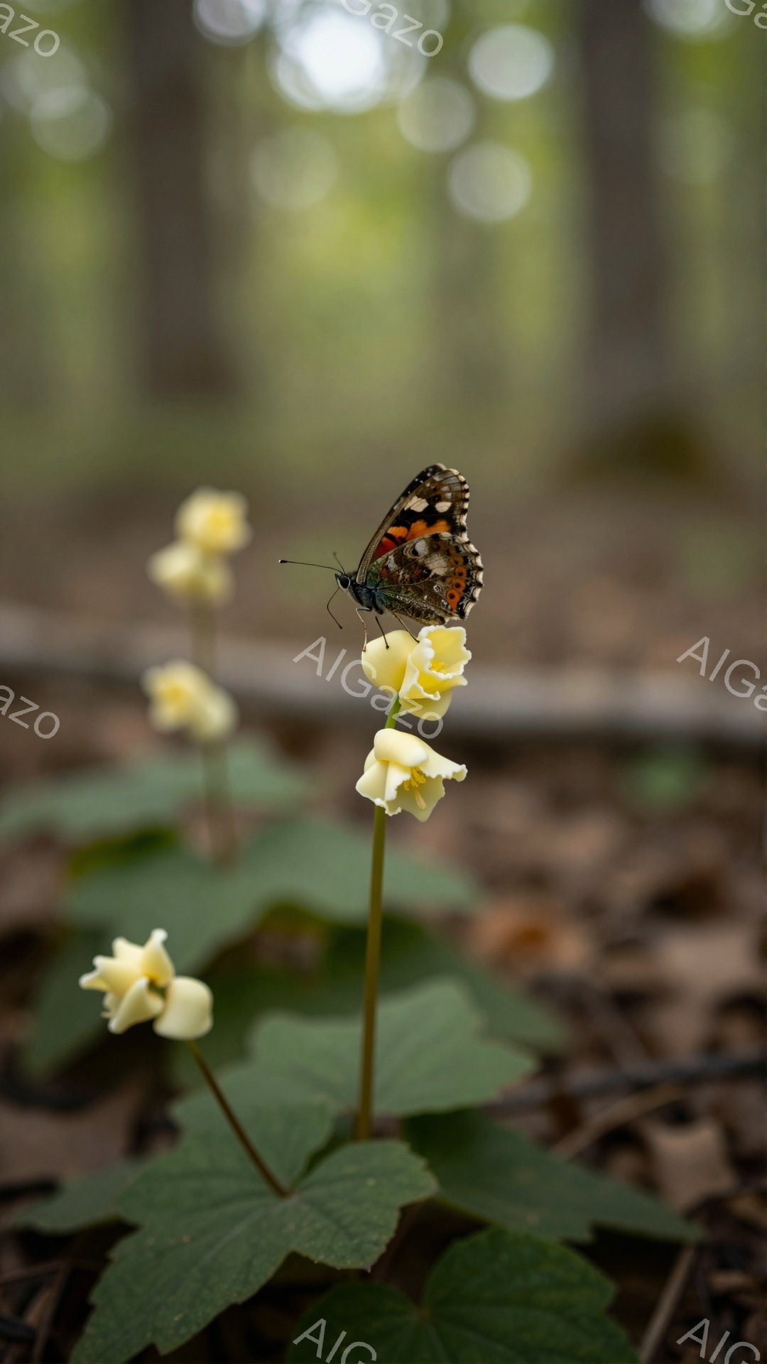 鮮やかな蝶が、小さな白い花の上に止まっています。緑の葉が地面を覆い、背景には柔らかい光が差し込む自然豊かな風景が広がっています。春の訪れを感じさせる、穏やかで美しい瞬間です。 - AI生成フリー素材
