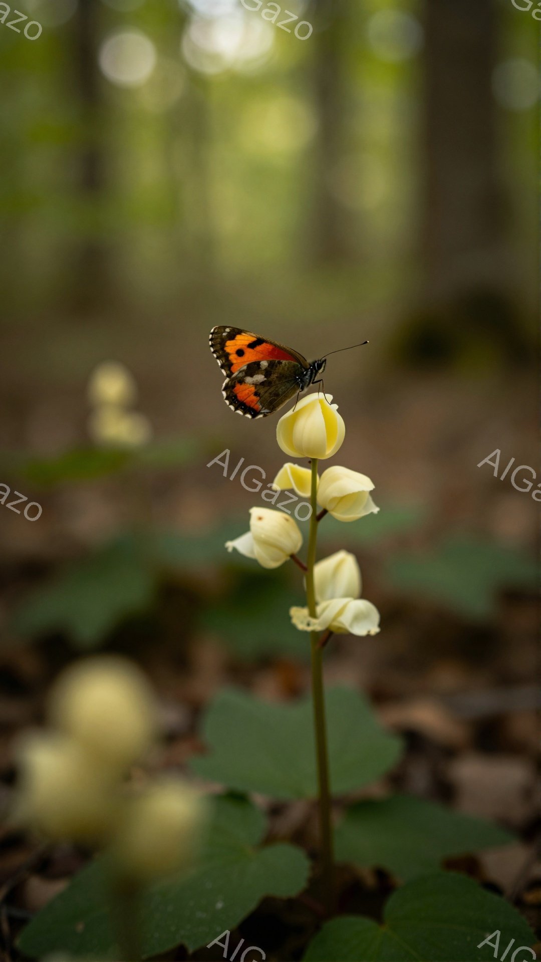 緑豊かな背景に、白い花の上に赤い斑点模様の蝶がとまっている。葉っぱと花が柔らかな光に照らされ、静かで穏やかな雰囲気を醸し出している。蝶の鮮やかな色彩が、自然の美しさを引き立てている。 - AI生成フリー素材