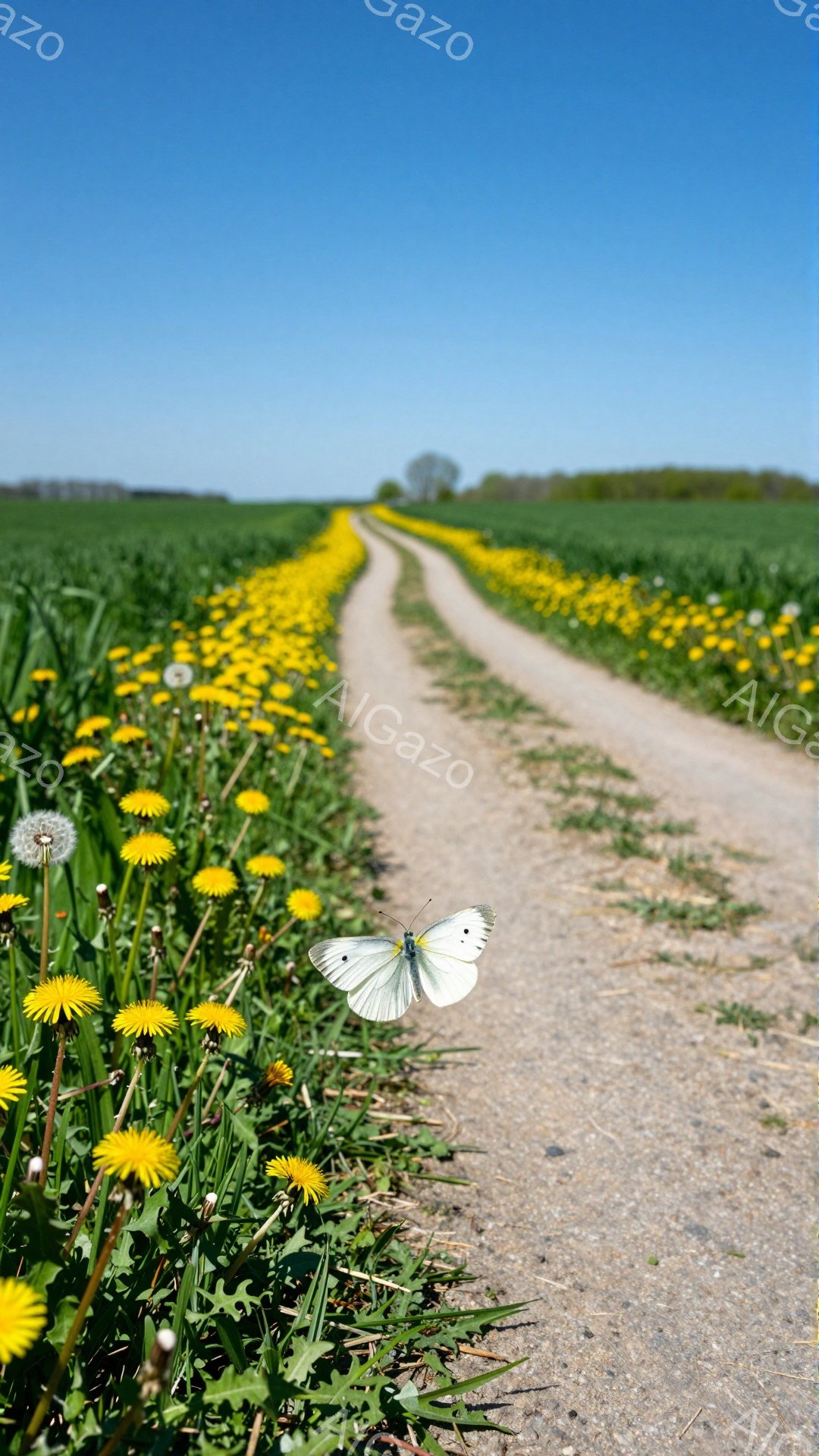 見渡す限りのタンポポ畑の中を縫うように続く砂利道が印象的な風景です。白い蝶がタンポポにとまり、春の穏やかな陽気を楽しんでいる様子が伝わってきます。青空と緑のコントラストが鮮やかで、心が安らぐ光景です。