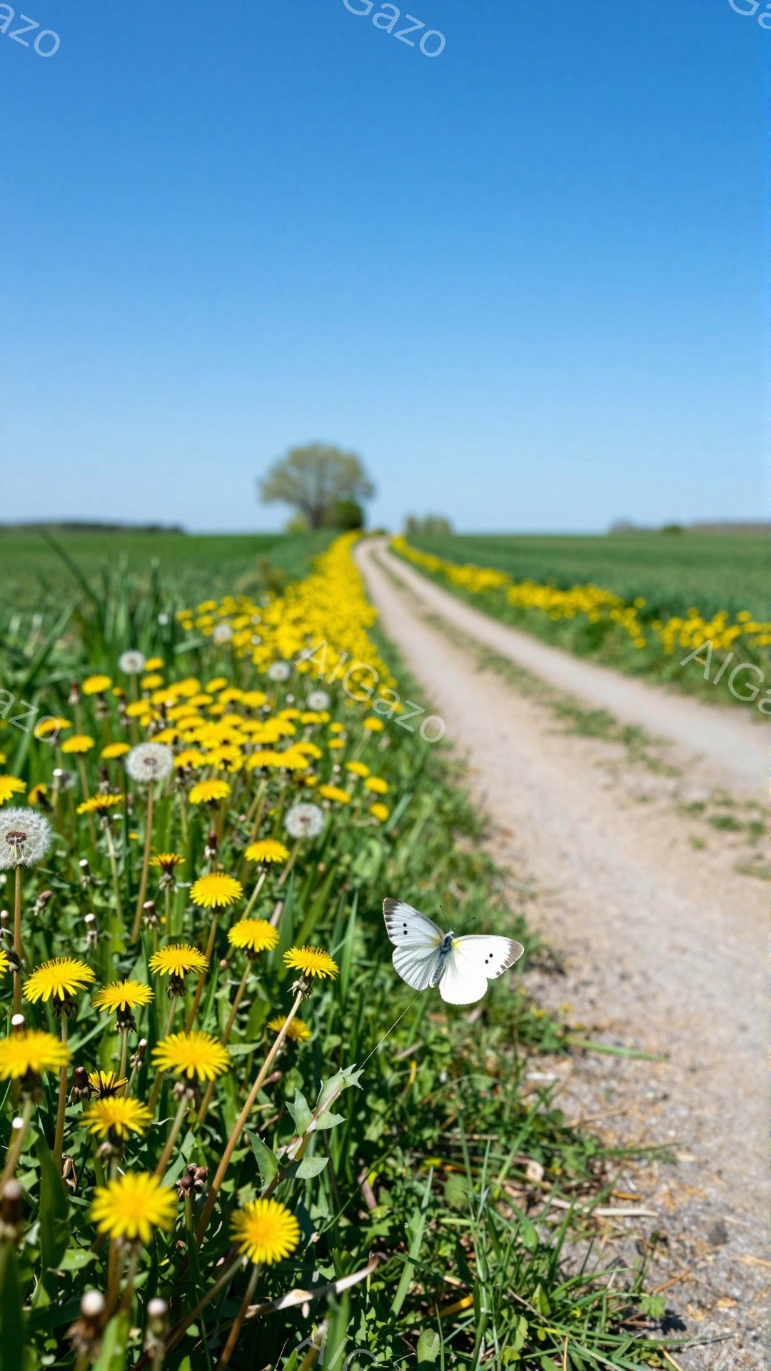 鮮やかなタンポポが咲き乱れる道が、遠くの木々へと続いています。白い蝶がタンポポの上に舞い降りており、春の穏やかな情景が広がっています。空は青く、背景には緑の草原が広がっています。 - AI生成フリー素材