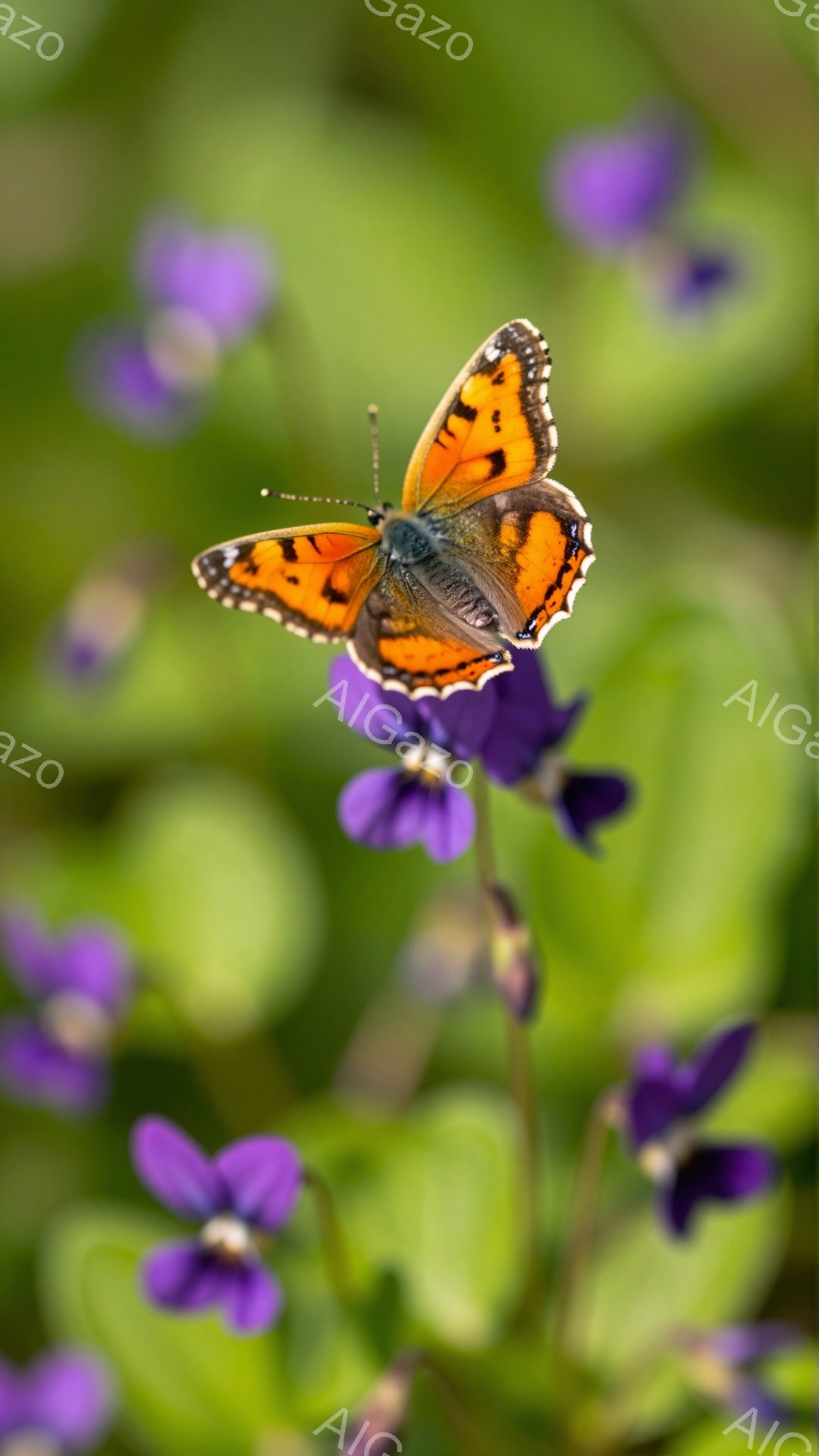 美しいオレンジと黒の模様をした蝶が、紫色の花にとまっている。背景は緑色の葉で覆われ、春らしい柔らかな光が差し込んでいる。鮮やかな色彩と穏やかな雰囲気が、自然の美しさを際立たせている。 - AI生成フリー素材