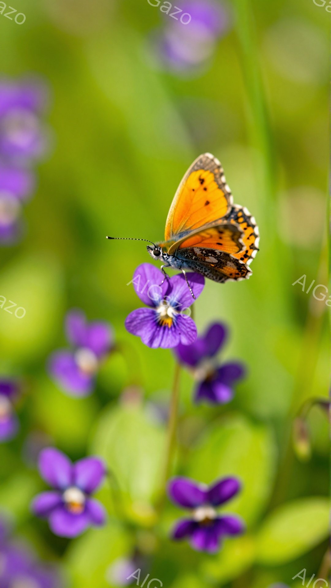 緑豊かな背景に、鮮やかな紫色の花に留まるオレンジ色の蝶が写っている。蝶は右側に少し傾き、花びらから蜜を吸っているかのように見える。背景は柔らかく、春または夏の穏やかな日の自然の美しさを感じさせる。 - AI生成フリー素材