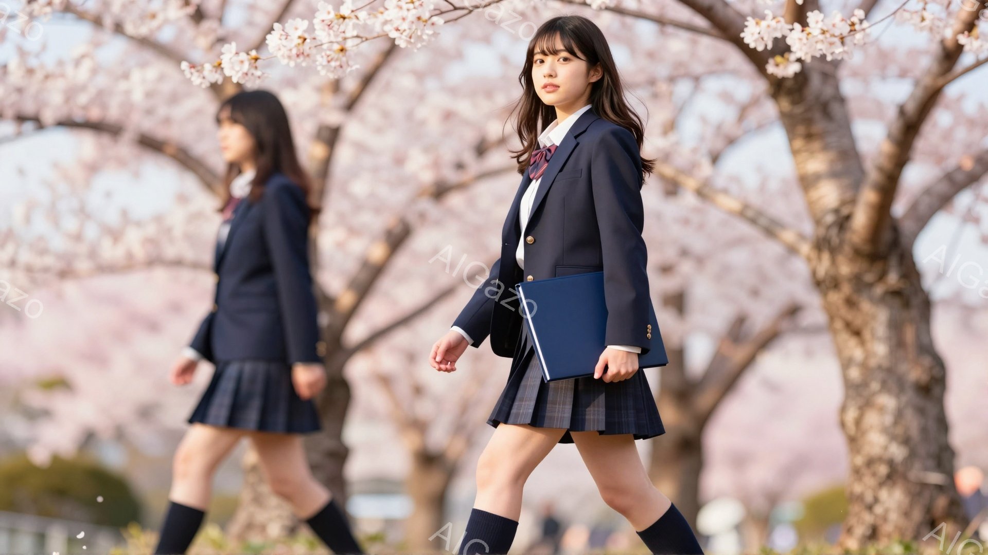 制服を着た女子高生が桜並木を歩いている。紺色のブレザーとチェックのスカート、膝上のソックスが特徴的で、手には青いファイルを持っている。背景には桜が咲き誇り、春らしい穏やかな雰囲気が漂っている。