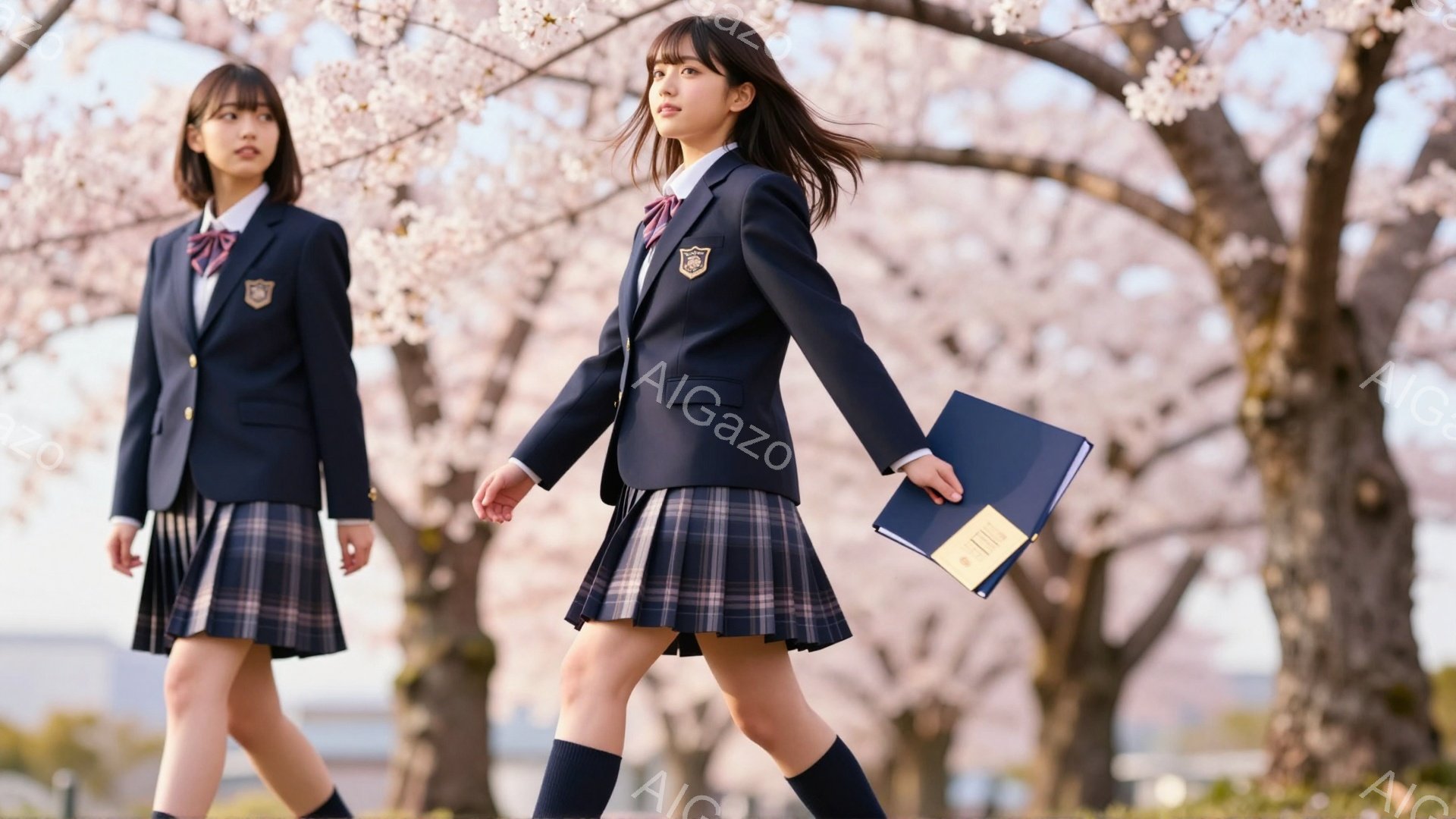 制服を着た女子高生二人が桜並木を歩いている。先頭の生徒は少し振り返り、微笑んでいるように見える。春らしい明るい雰囲気で、入学式や卒業式のような特別な日を連想させる。