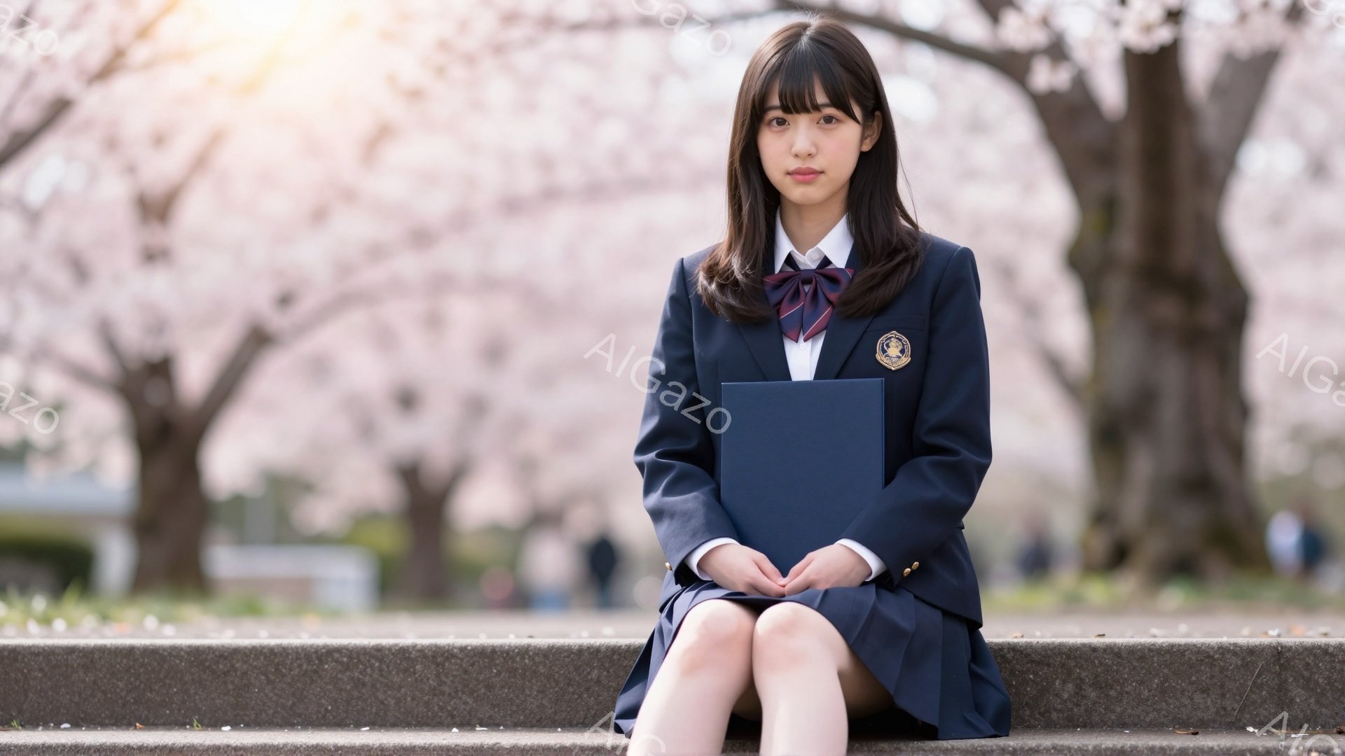 制服を着た若い女性が、桜並木の近くの石段に座っています。彼女は膝を抱え、何か物思いにふけっているような表情をしています。背景には、ぼやけた桜の花が咲き誇り、春の穏やかな雰囲気が漂っています。