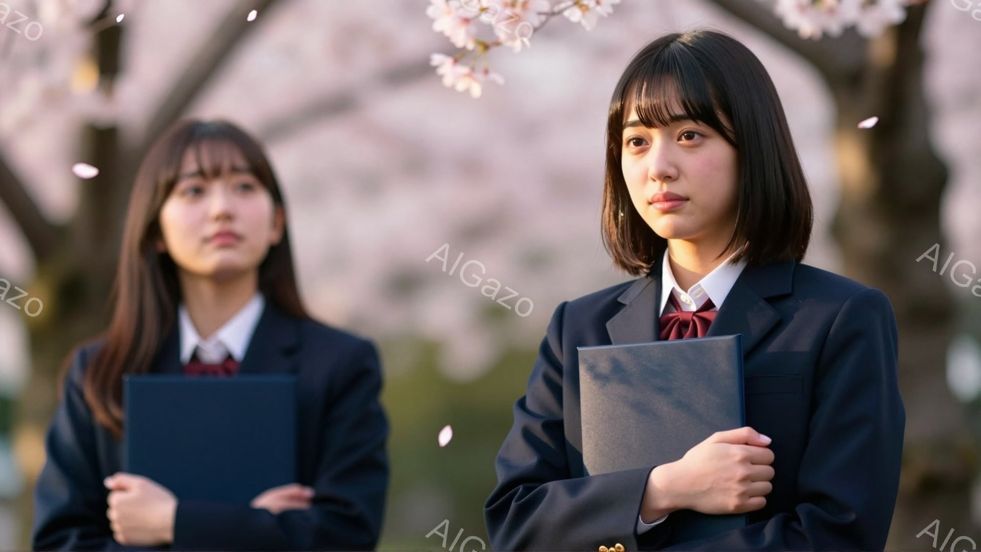 制服を着た女子高生二人が桜並木の下に立っている。 彼女たちは手には教科書を持って、少し憂いのある表情をしている。 背景にはぼやけた桜の花びらが舞い、春の穏やかな雰囲気を醸し出している。
