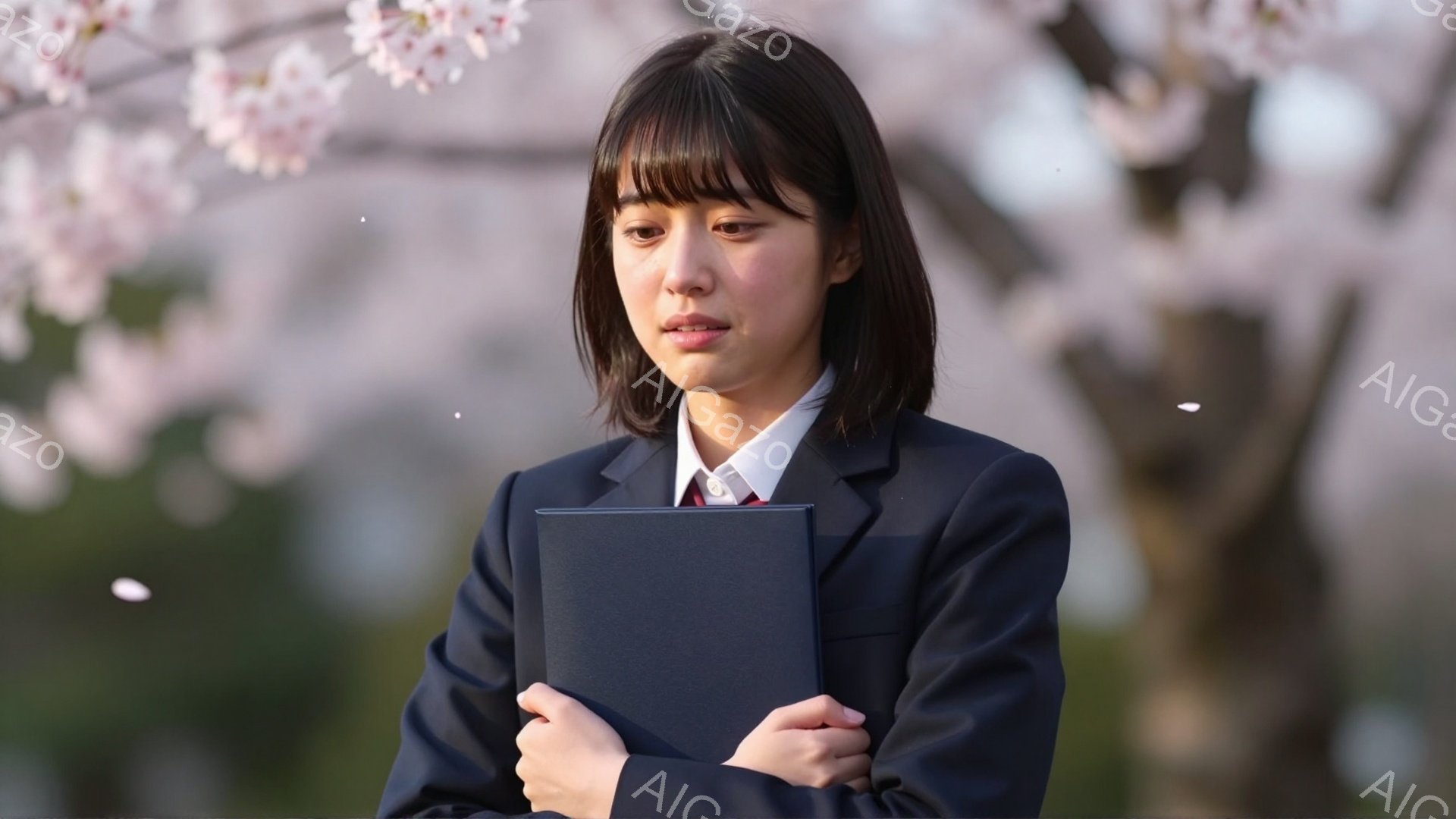 紺色のブレザーに白シャツ、ネクタイを締めた女子学生が、何か書類を抱えて立っている。背景には桜が咲き誇り、春の穏やかな雰囲気が漂っている。彼女は少し憂いを含んだ表情で、どこかを見つめている。