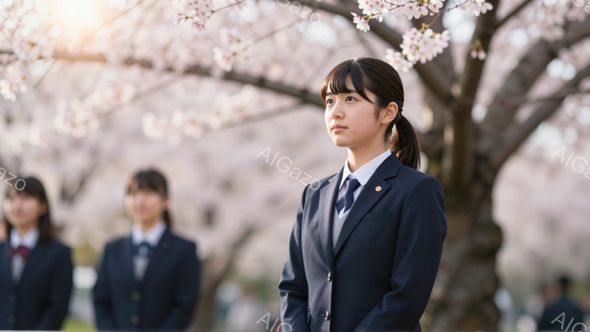 制服を着た女子学生が桜並木の下で立っている。彼女は少し微笑んでおり、どこか遠くを見つめている。背景には他の制服姿の女子学生がぼんやりと写っており、春の暖かく穏やかな雰囲気が漂っている。