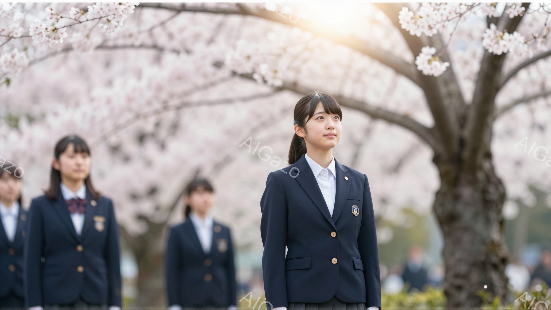 制服を着た女子学生たちが桜並木の下に立っています。先頭の女子は少し上を見上げており、他の生徒たちは正面を向いています。背景には、ぼやけた桜の花びらが舞い、春の穏やかな雰囲気が感じられます。