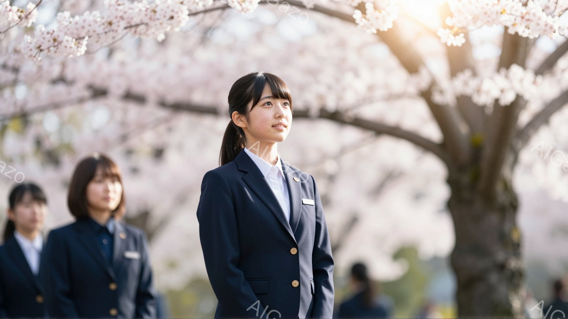 制服を着た女子学生たちが桜並木の下を歩いている。先頭の女性は少し顔を上げ、希望に満ちた表情で何かを見つめている。背景は桜の花びらで覆われ、春の暖かく穏やかな雰囲気が漂っている。