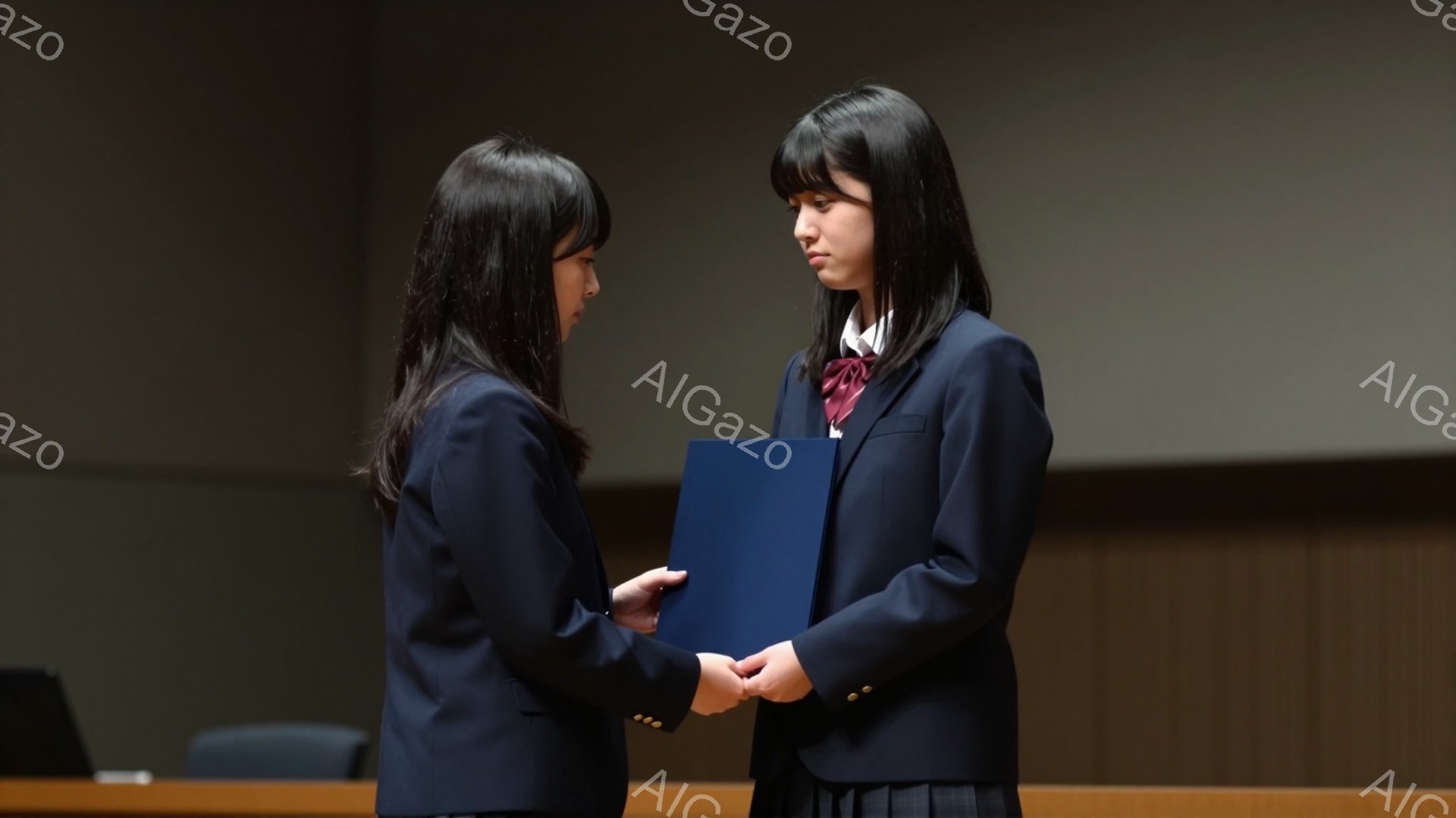 二人の女子高生が制服を着て向き合い、一人がもう一人に書類を渡している。背景は木製のパネルで、厳かな雰囲気の会場のようだ。彼女たちは真剣な表情で、何らかの式典やセレモニーに参加している様子が窺える。