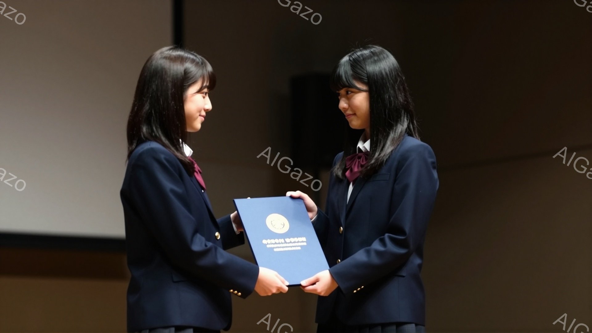 二人の女子学生が、何かの式典で賞状を受け渡している場面です。紺色のブレザーにスカート、赤いネクタイ姿で、同じ制服を着用しています。背景は少し暗く、落ち着いた雰囲気で、緊張と喜びが入り混じった様子が伺えます。
