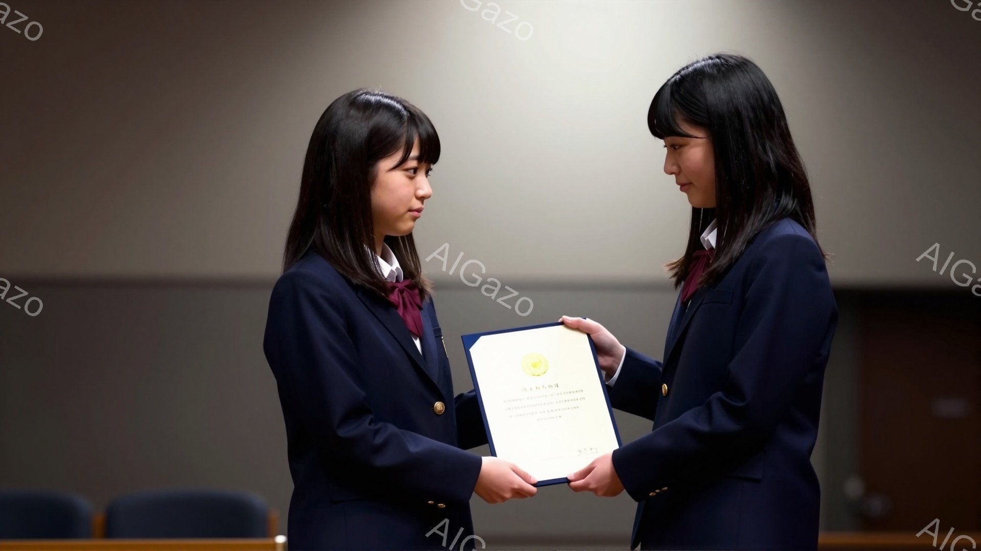 紺色のブレザーに身を包んだ二人の女子高生が、互いに向き合い、賞状を交換している。顔は真剣で、少し緊張した表情をしている。背景には薄暗い講堂の席が見え、厳かな雰囲気が漂っている。