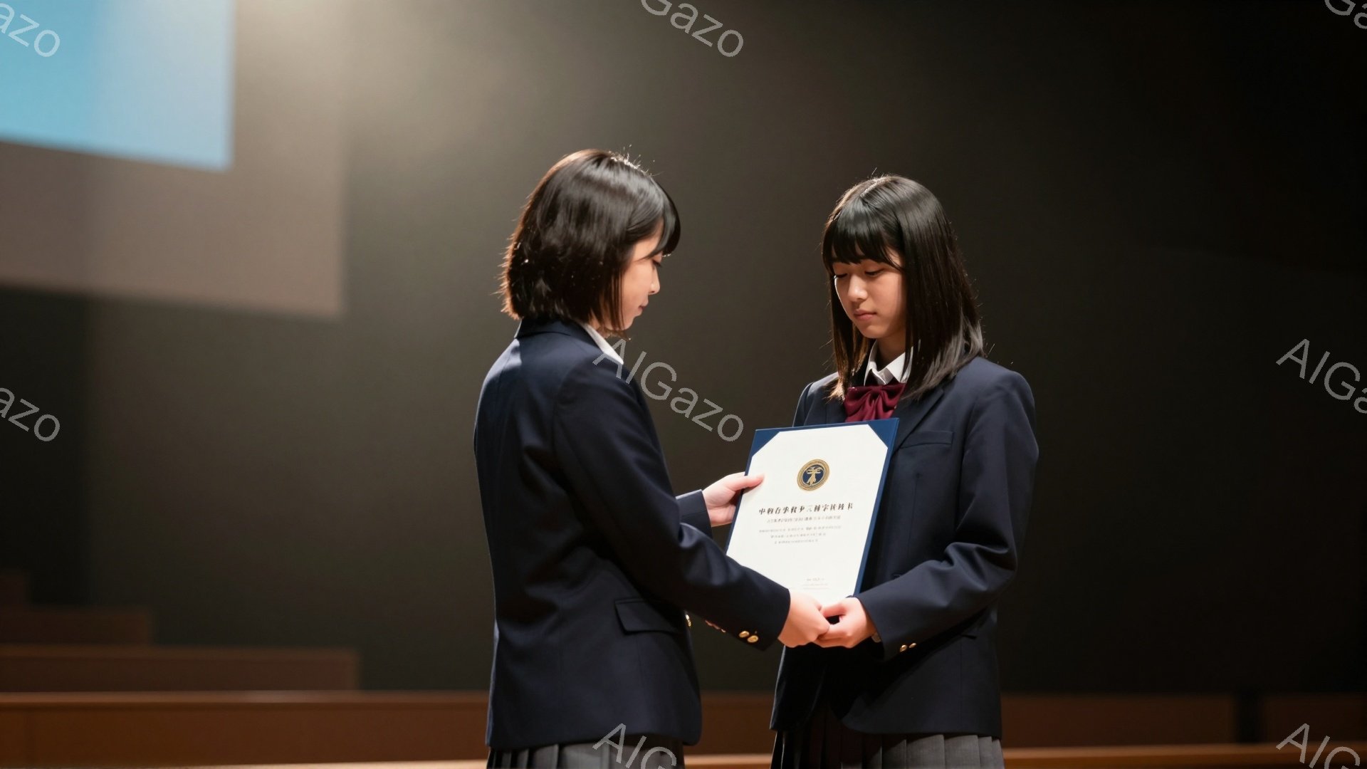二人の女子学生が並んで立っており、一人がもう一人に紙の書類を手渡している。彼女たちは制服を着ており、真剣な表情で少し緊張している様子がうかがえる。背景は暗く、ステージのような場所で、何らかの式典が行われている雰囲気が漂っている。