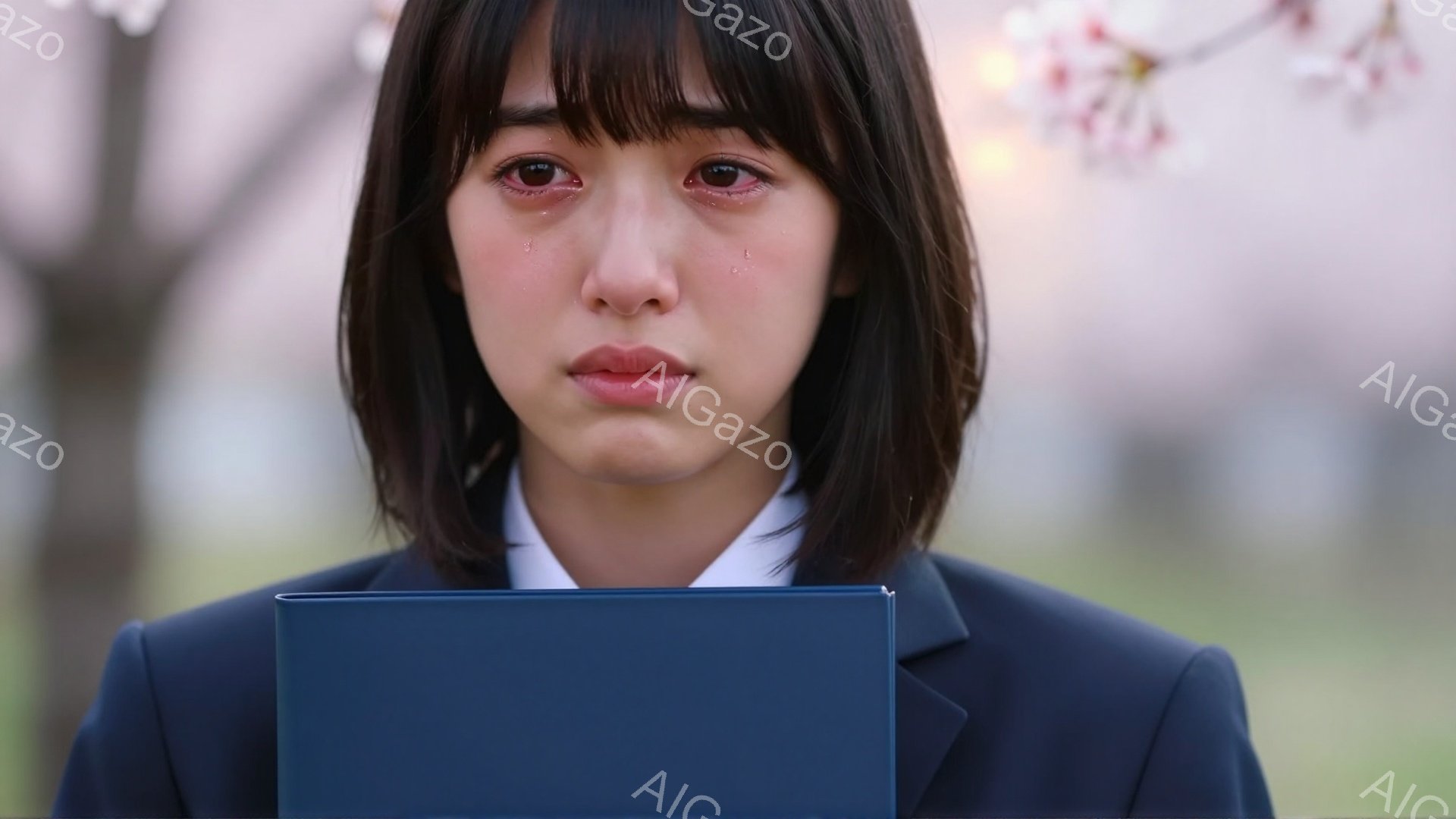 制服を着た若い女性が、涙を浮かべながらカメラを見つめている。彼女は短い黒髪で、手には青いファイルを持っている。背景にはぼやけた桜並木が見え、春の穏やかな雰囲気が感じられる。