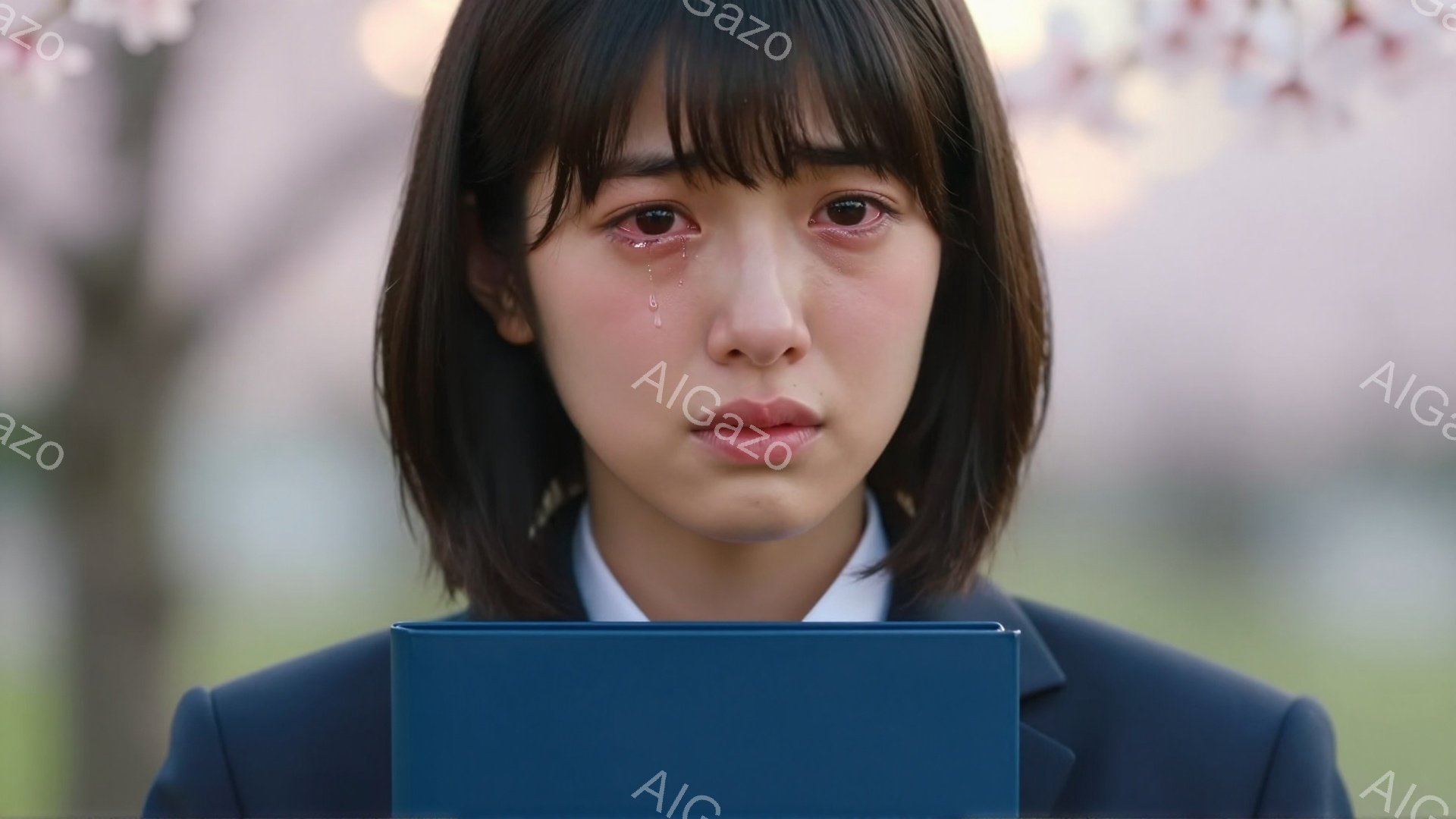 制服を着た若い女性が正面を見据えています。彼女は悲しげな表情で涙を流しており、何かを抱えているようです。背景にはぼやけた桜並木が見え、春の穏やかな日差しが差し込んでいます。