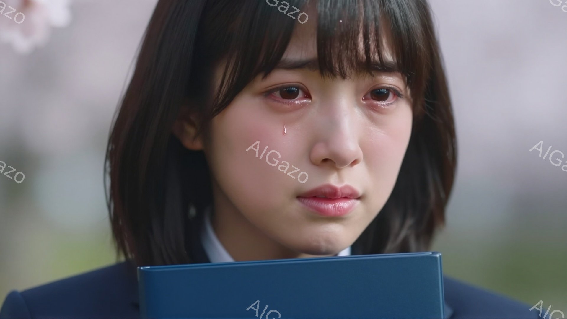 制服を着た若い女性が、目に涙を浮かべています。彼女は青い表紙の本を手に持ち、少し悲しげな表情をしています。背景には緑とわずかな花びらがぼやけて見え、春の日の雰囲気です。