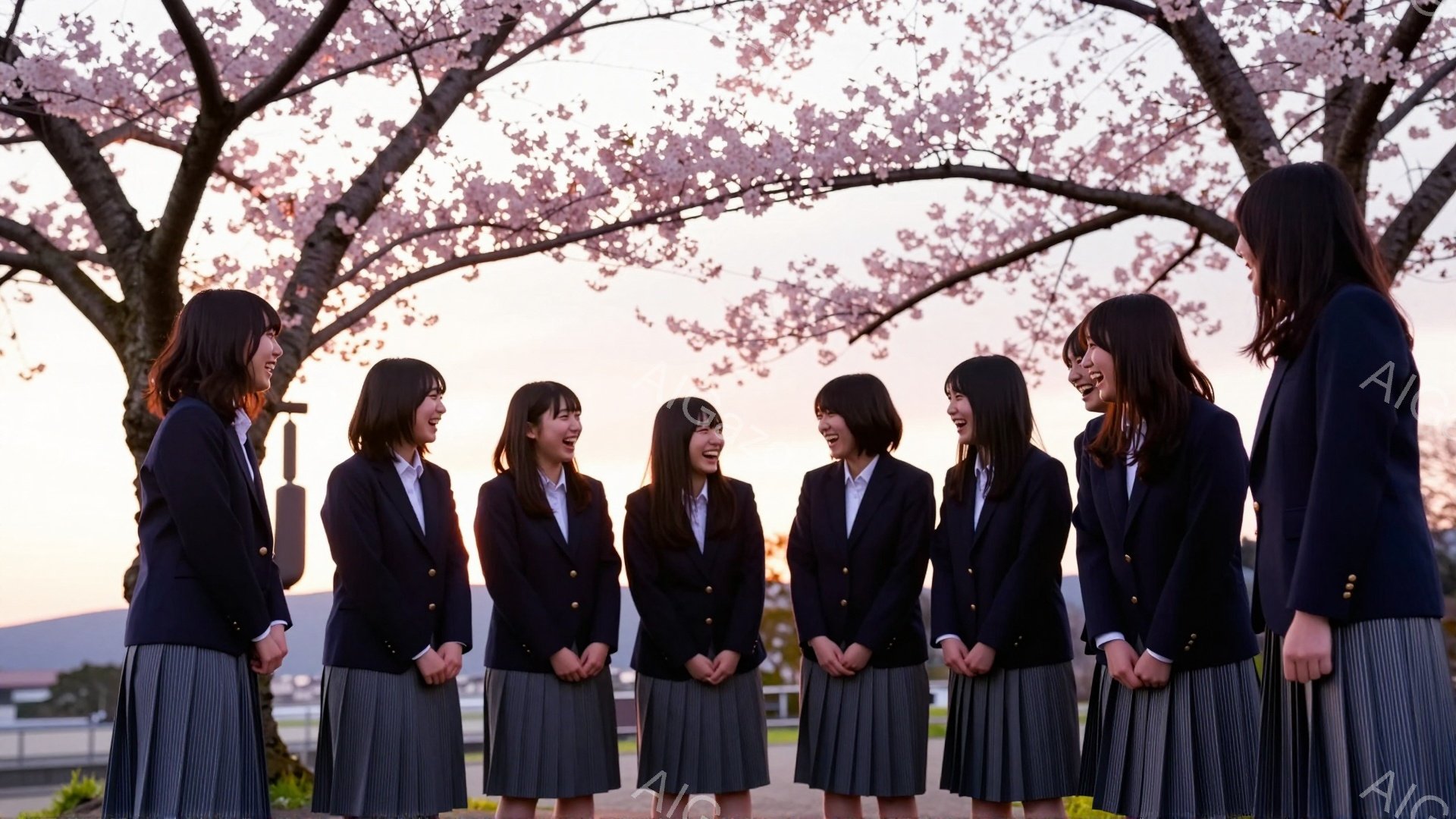 制服姿の女子学生たちが、桜並木の道を笑顔で歩いている。紺色のブレザーにプリーツスカート、白いシャツとリボンが印象的だ。背景には薄ピンク色の桜並木が広がり、春らしい明るい雰囲気が感じられる。