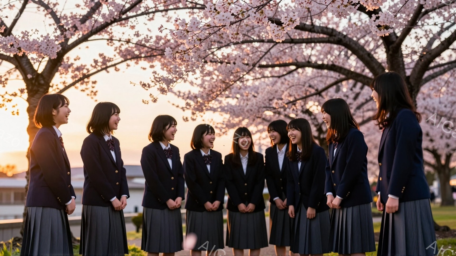 制服姿の女子学生たちが桜並木の下で笑顔で肩を並べて立っている。彼女たちは皆、紺色のブレザーとチェック柄のスカートを着用し、明るい表情で楽しんでいる様子が伺える。背景には夕焼けが広がり、春の暖かく穏やかな雰囲気が漂っている。