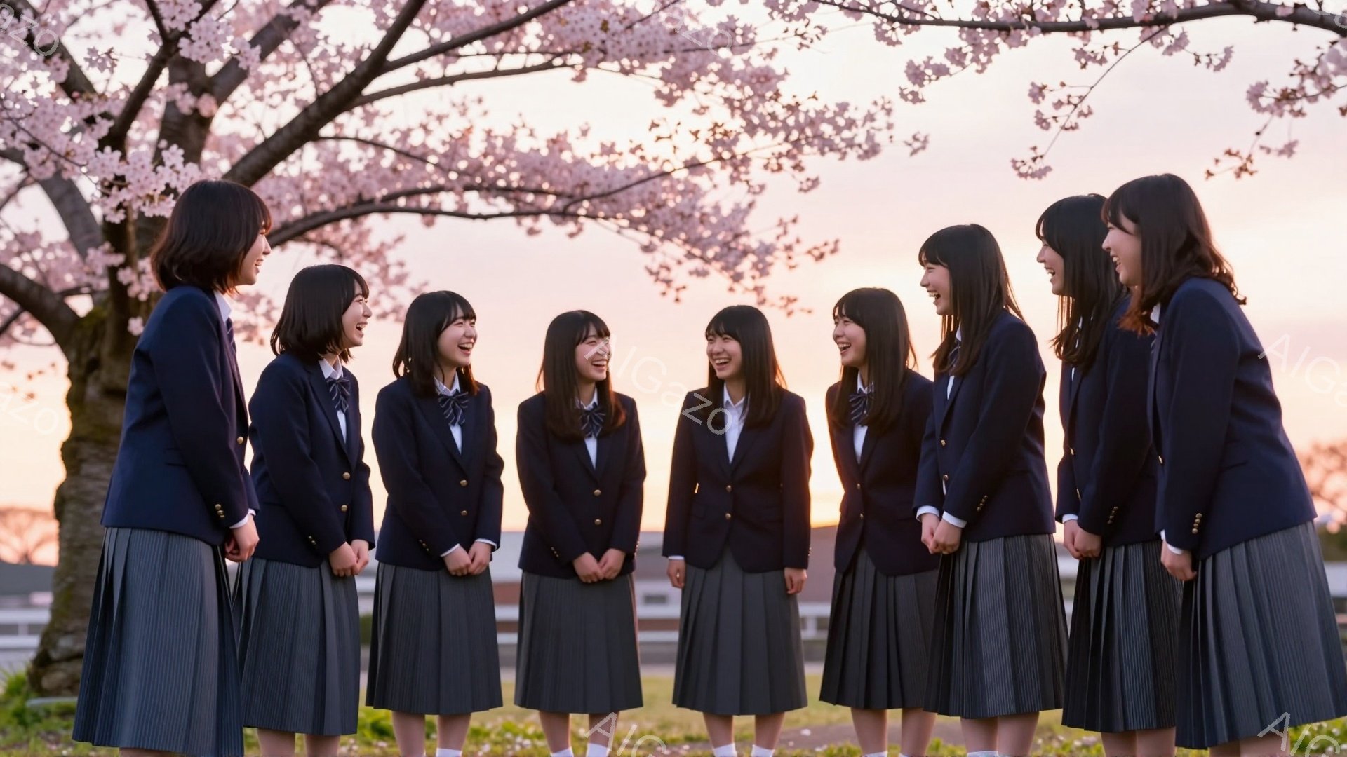 制服を着た女子高生たちが桜並木の下で肩を並べて笑顔で立っています。紺色のブレザーにプリーツスカート、白のブラウスとネクタイという制服姿が印象的です。背景には桜の花びらが舞い散り、春の暖かく明るい雰囲気が伝わってきます。