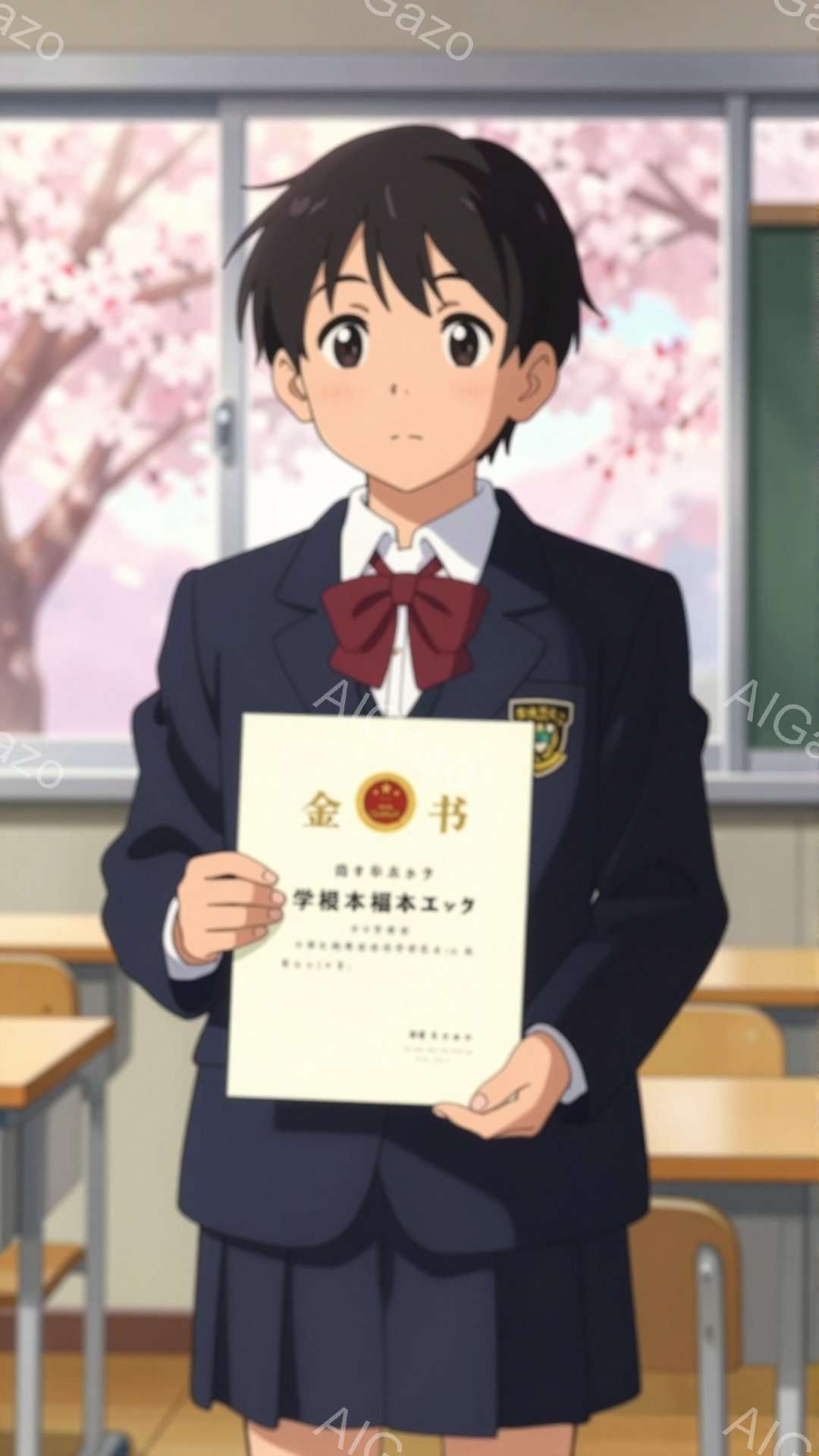 少女は制服を着て、両手に何か紙のようなものを持って立っている。背景には教室と桜の木が見え、春の穏やかな雰囲気が漂っている。彼女の表情は少し照れたような笑顔で、何か良いことがあったのかもしれない。