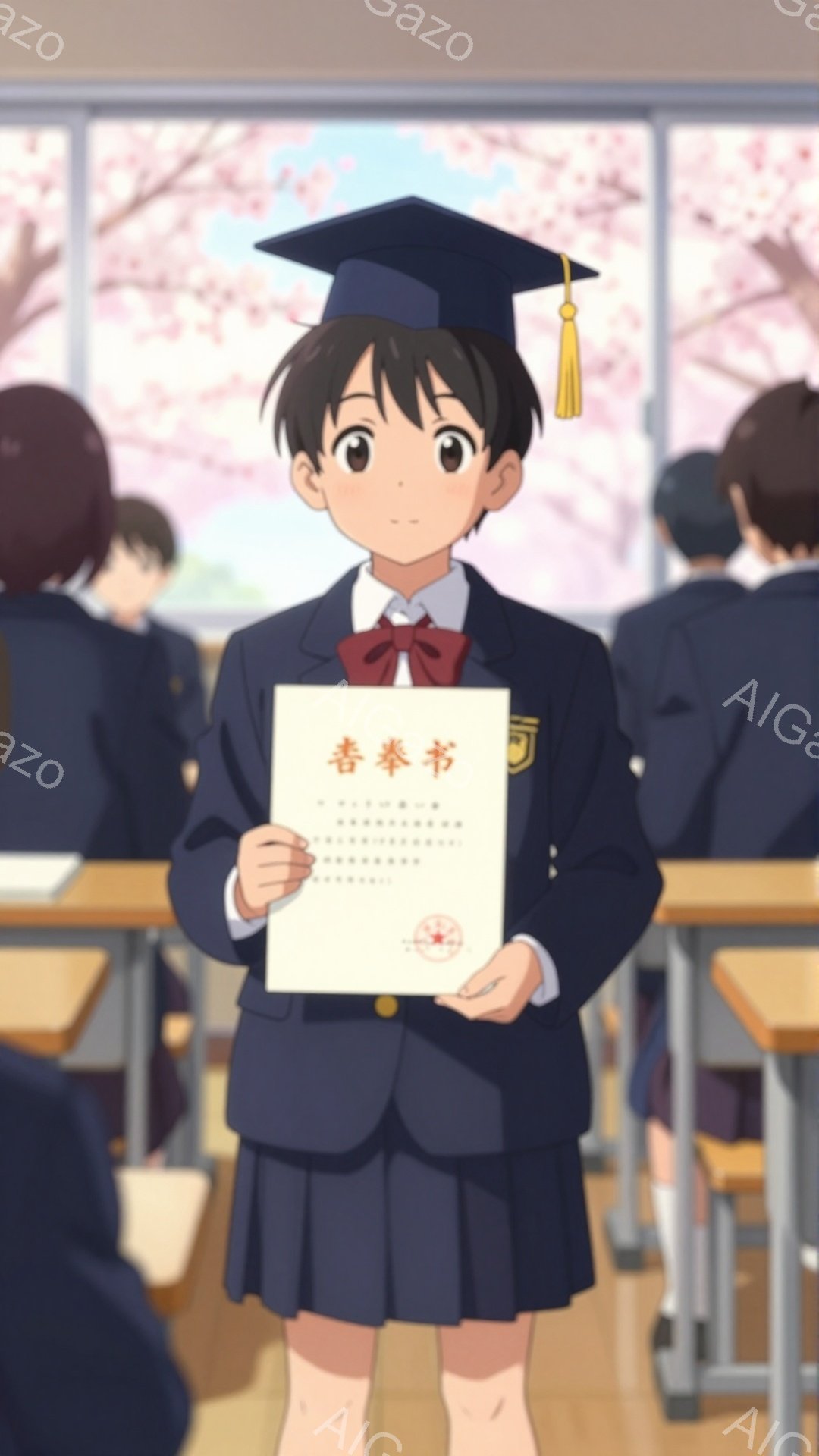 明るい教室で、卒業証書を持つ女子生徒が立っている。黒髪で前髪をそっと下ろした彼女は、紺色の制服に卒業式用の帽子をかぶり、少し照れたような笑顔を見せている。背景には他の生徒たちが座っており、桜の花びらが舞う春の穏やかな雰囲気が漂っている。