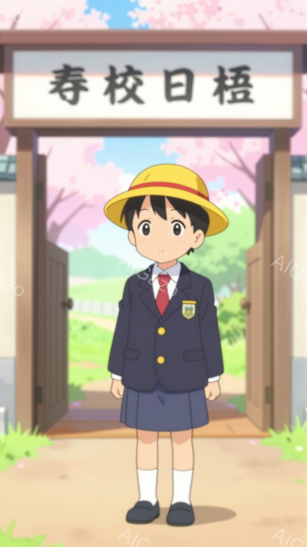 制服を着た少年が、学校の門の前で立っている。彼は赤いネクタイと麦わら帽子を着用し、少し緊張した表情をしている。背景には桜が咲き誇り、春らしい穏やかな雰囲気を感じさせる。