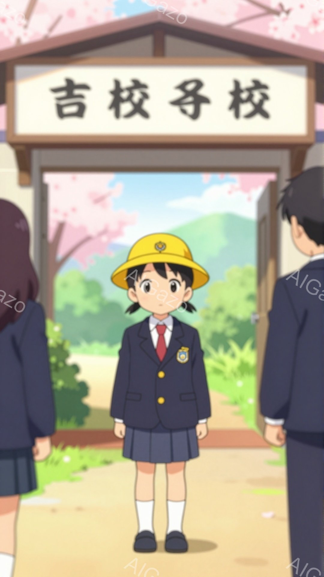 制服を着た少女が正面に立っており、背景には学校の門が見える。彼女は赤いリボンと黄色い帽子を着用し、少し緊張した表情をしている。桜の花びらが舞い散る春の穏やかな雰囲気である。