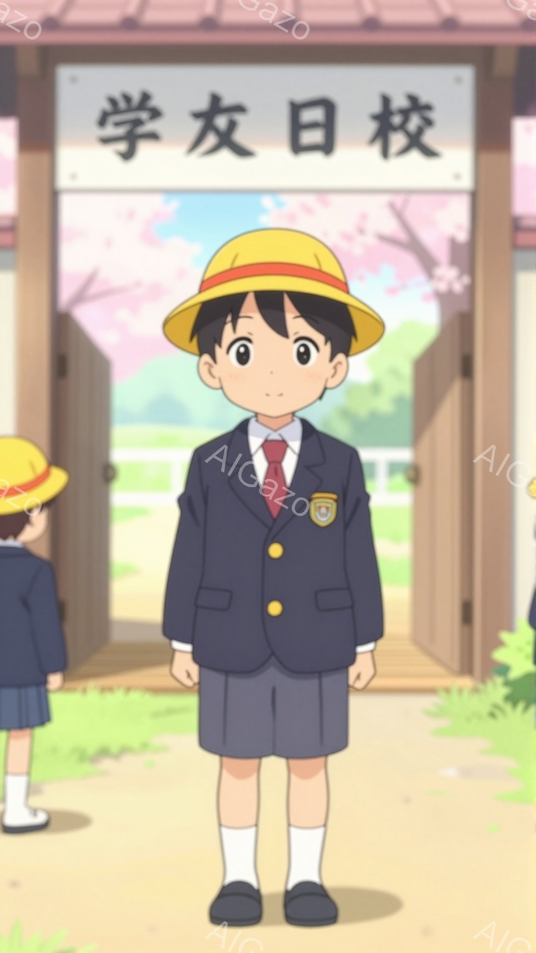 金髪でそばかすのある少年が、制服を着て正面を向いています。背景には桜が咲き、学校の建物が見え、春らしい穏やかな雰囲気です。彼は少し微笑んでおり、明るく元気な印象を与えます。