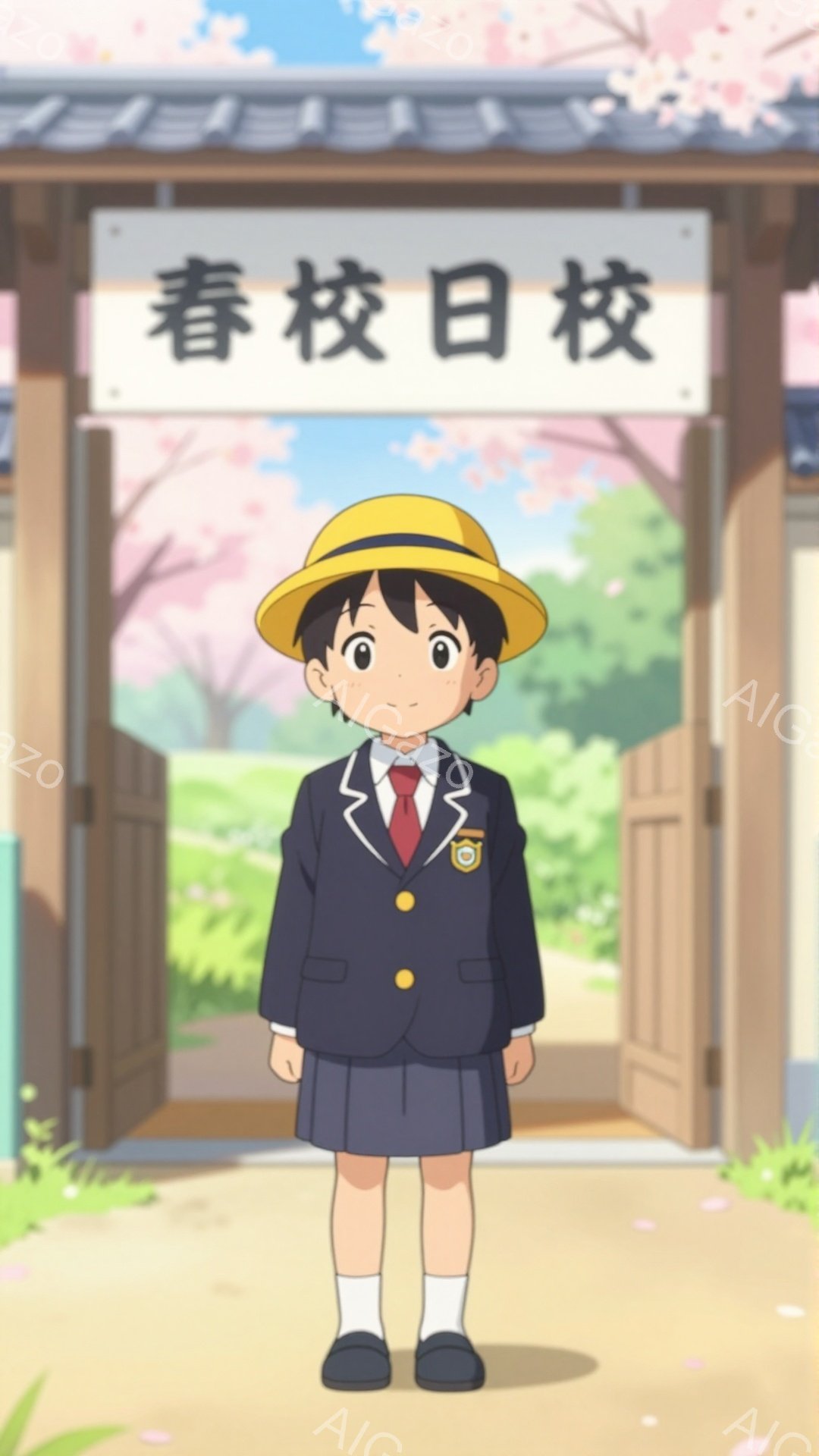 明るい笑顔の少年が、制服を着て学校の入り口に立っている。背景には桜が咲き乱れ、春らしい穏やかな雰囲気が漂っている。少年の頭には黄色い帽子が乗っており、元気な印象を与えている。