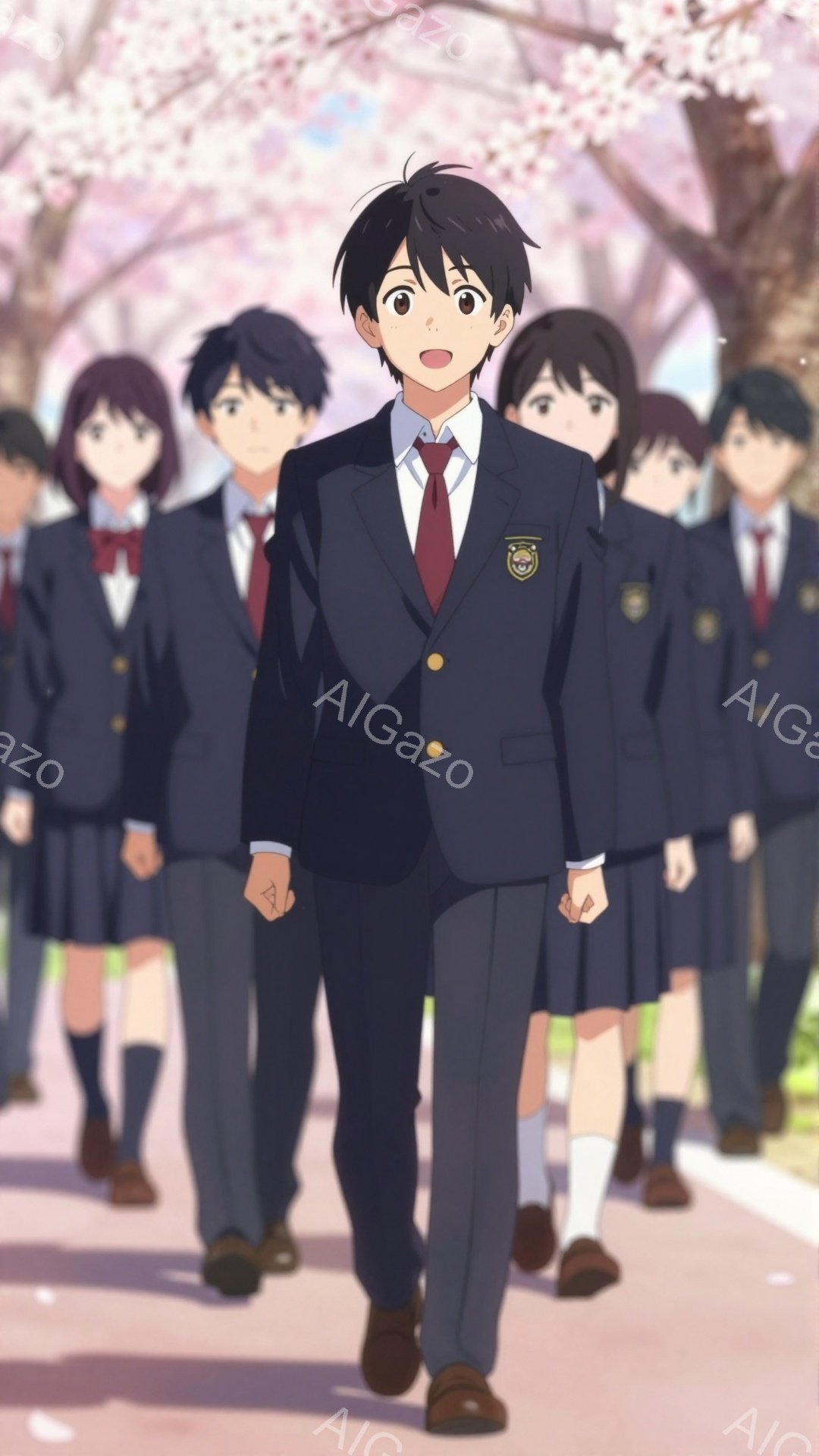制服を着た男子学生が、桜並木の中を正面を向いて歩いている。背景には他の学生たちが、少しぼやけて写っている。春の暖かく明るい雰囲気で、新学期や入学式のようなイベントを連想させる。