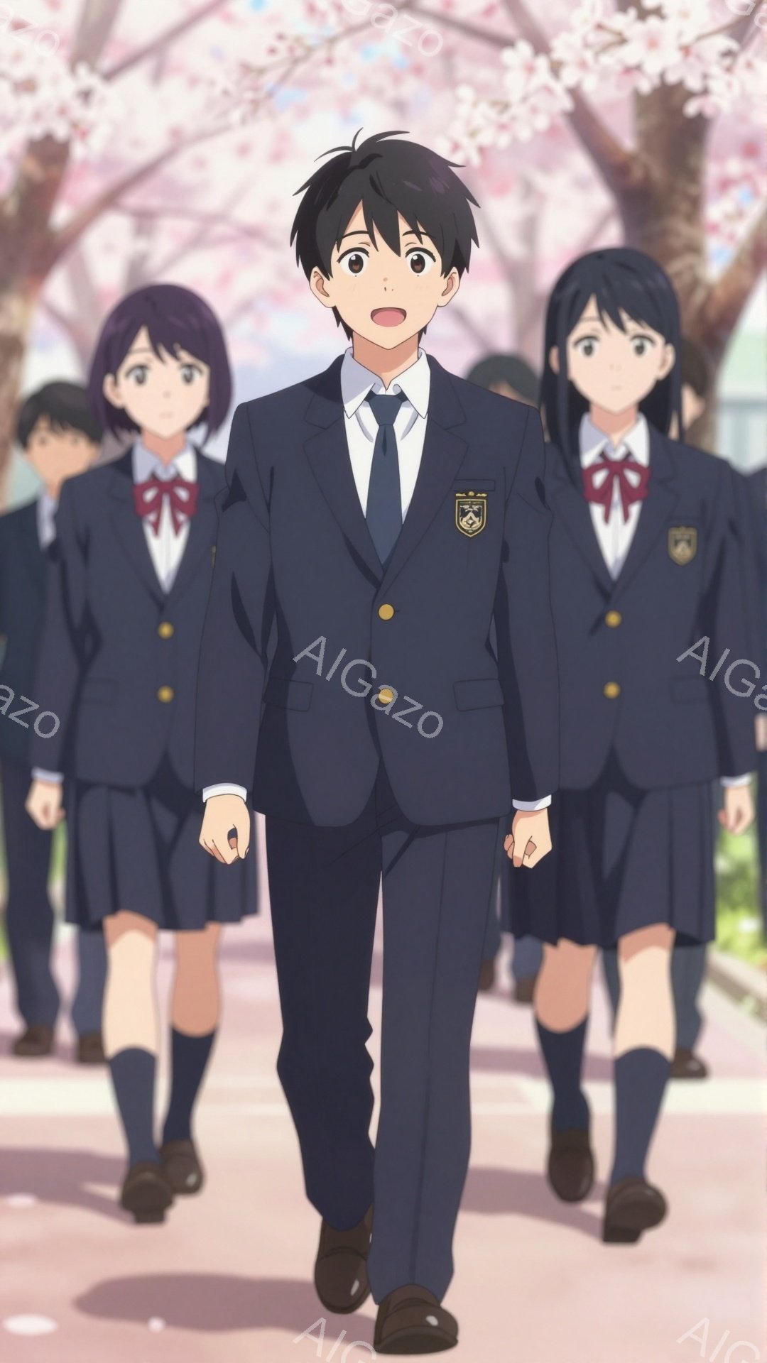 制服を着た男子高校生が、桜並木を歩いている。周りには同じ制服を着た女子高生たちがいる。背景は桜で満開で、春の穏やかな雰囲気が漂っている。