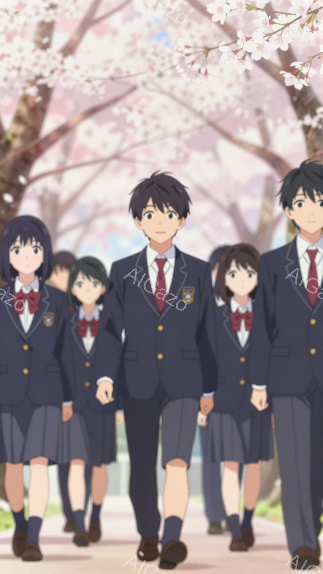 制服を着た男子高校生と女子高校生たちが並んで歩いている。背景には桜が咲き誇り、春らしい明るい雰囲気である。彼らは皆、少し緊張した表情で前を見つめているようだ。 - AI生成フリー素材