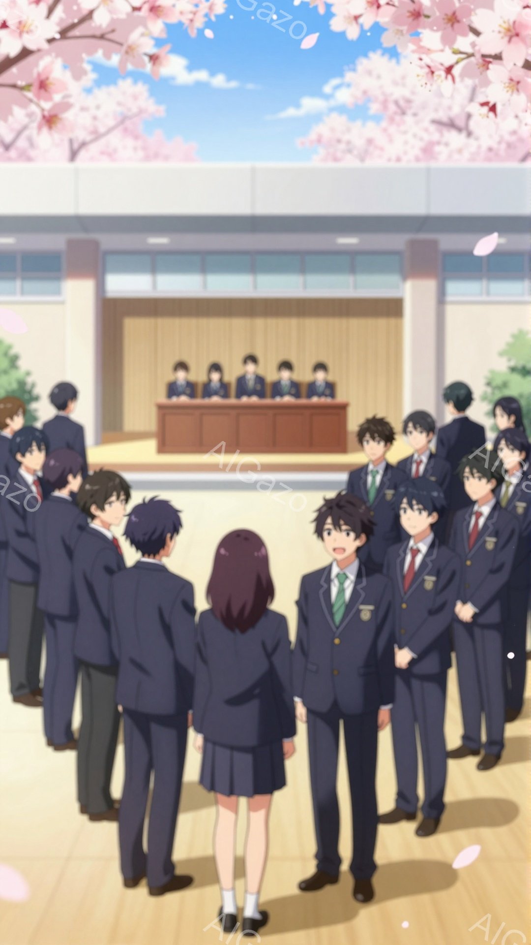 女子が先頭に立ち、男子生徒たちが後ろに並んでいる。制服姿の生徒たちは皆、正面を見据えており、学校の体育館のような場所で何かイベントが行われる直前の様子が窺える。桜の花びらが舞い、春らしい華やかな雰囲気が漂っている。