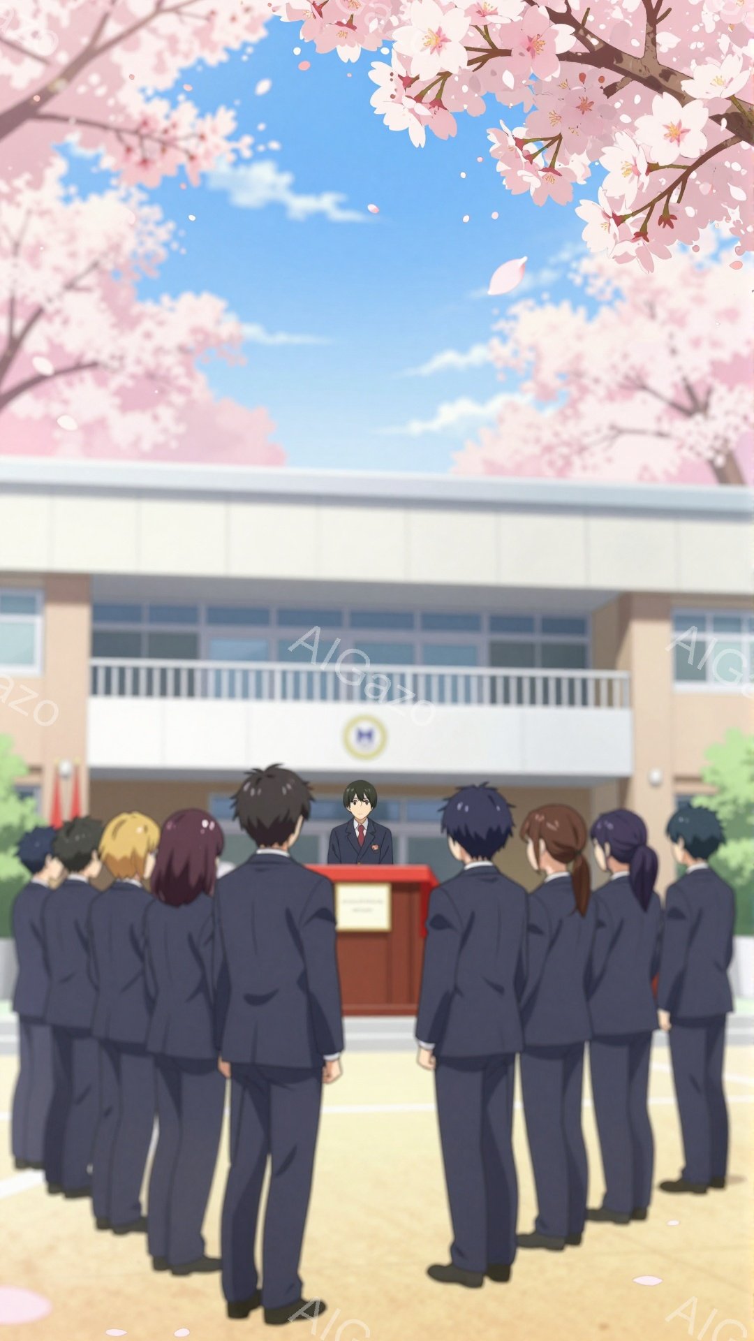 制服を着た学生たちが校舎の前で何かを見ている。桜の花びらが舞い散り、春の穏やかな雰囲気が漂っている。一人の学生が前に立って何かを説明しているように見える。