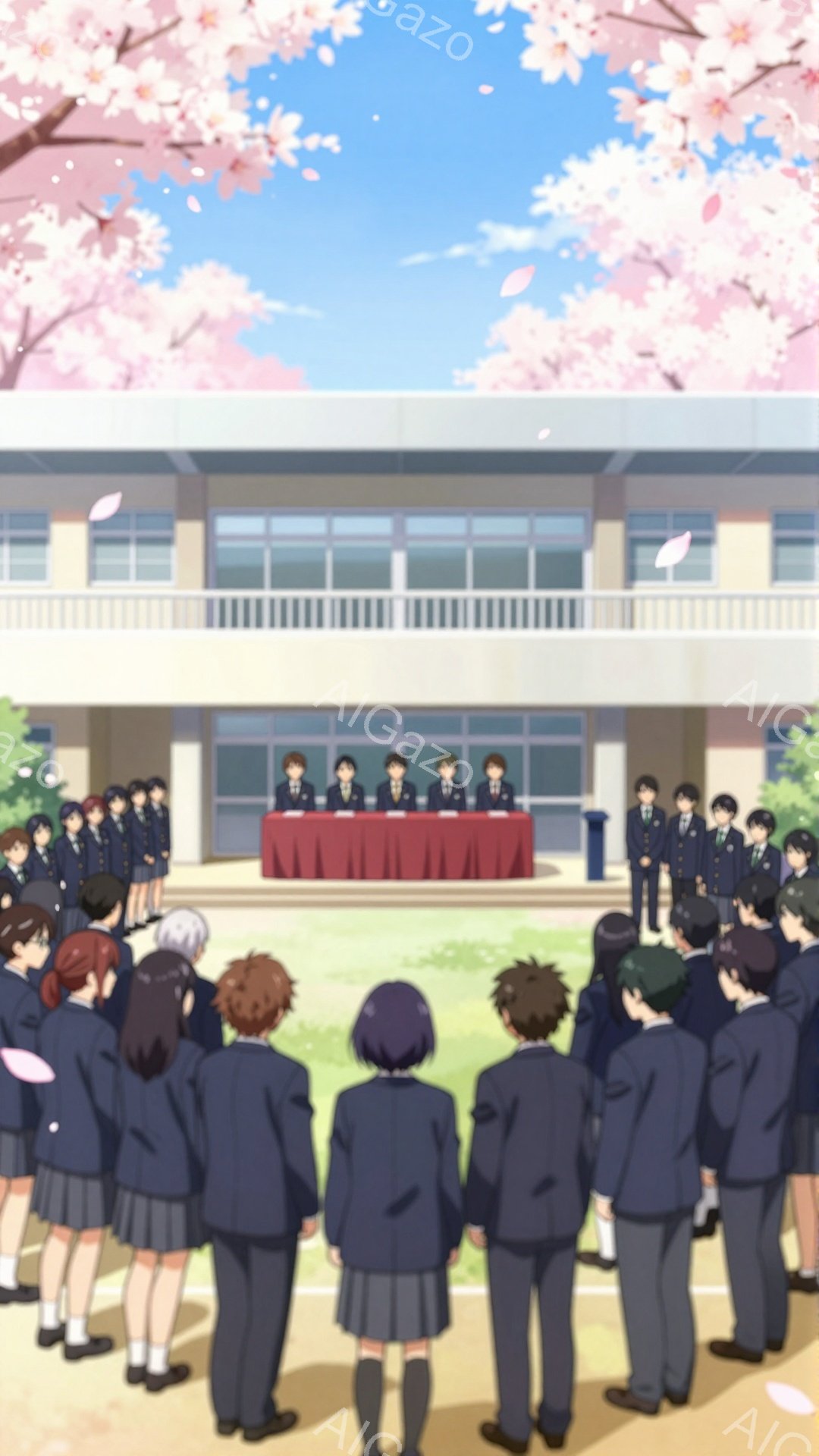 制服を着た学生たちが校庭に整列しており、前方には壇上に立つ先生たちがいます。桜の花びらが舞い散る春の穏やかな日であり、入学式または卒業式のような式典が行われているようです。生徒たちは皆、壇上の方角を見つめており、厳粛な雰囲気が漂っています。
