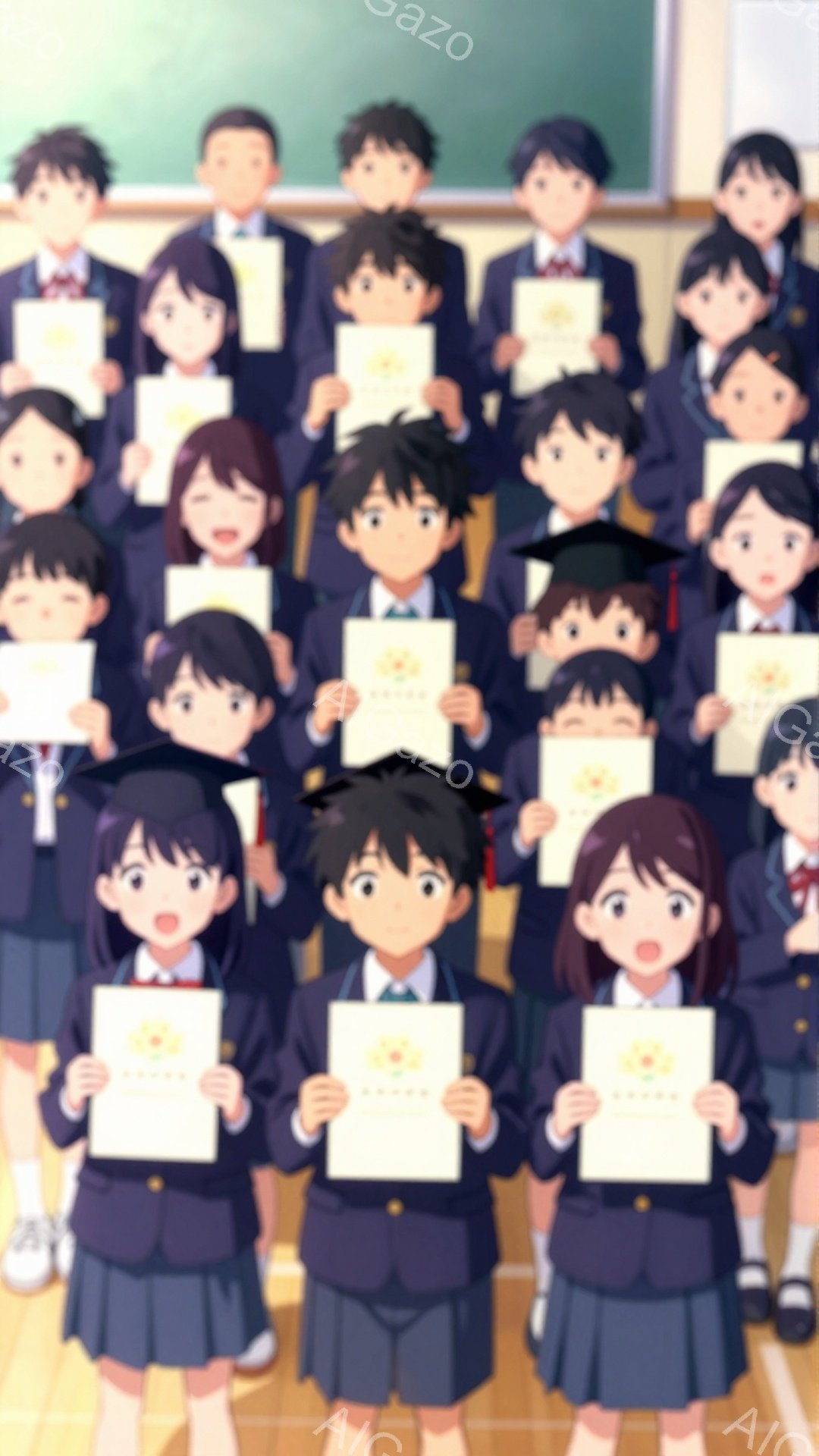 制服を着た学生たちが、卒業証書を掲げて笑顔で並んでいます。背景には黒板があり、教室らしき場所で卒業式が行われているようです。明るい雰囲気で、希望に満ちた未来を予感させる一枚です。