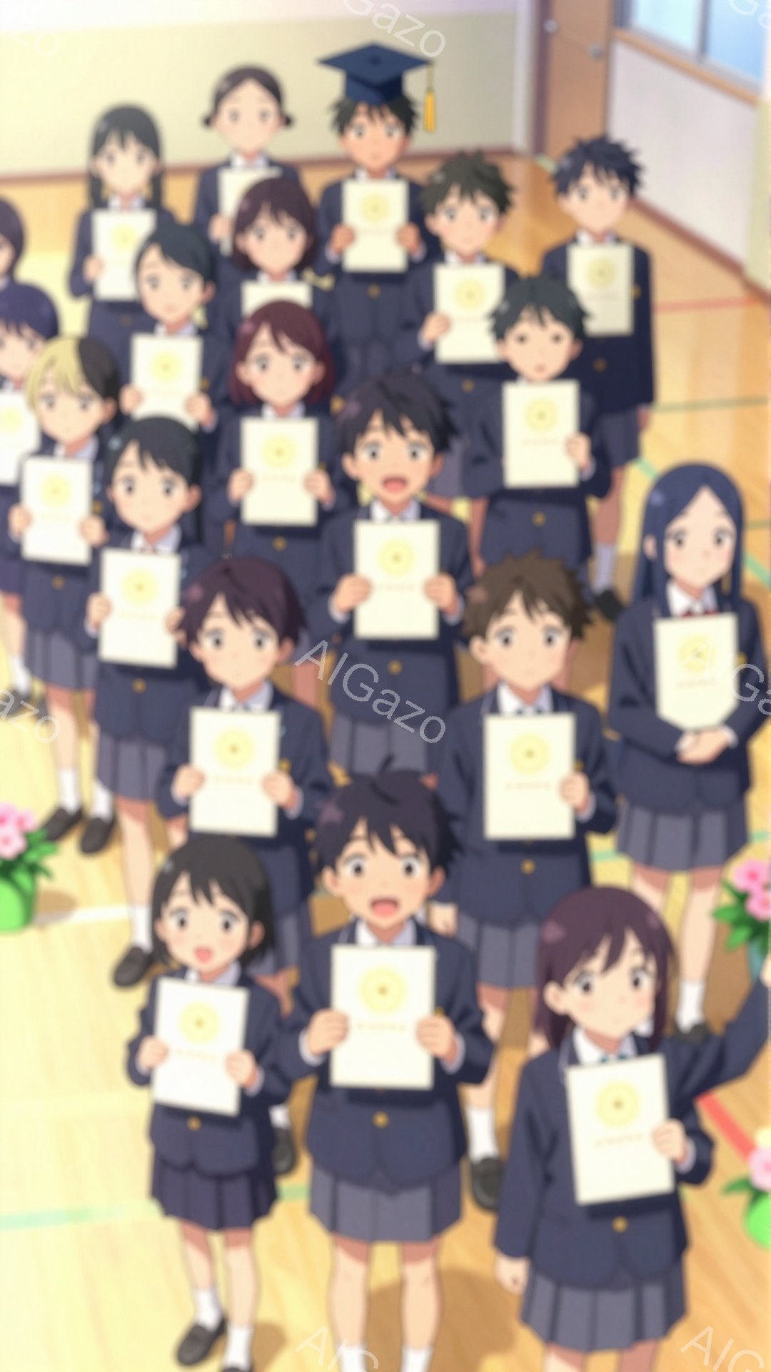 多くの生徒たちが卒業証書を持って並んでいます。紺色のブレザーとスカートの制服を着ており、表情は緊張と喜びが入り混じっています。体育館のような場所で、明るい雰囲気の卒業式の一場面です。