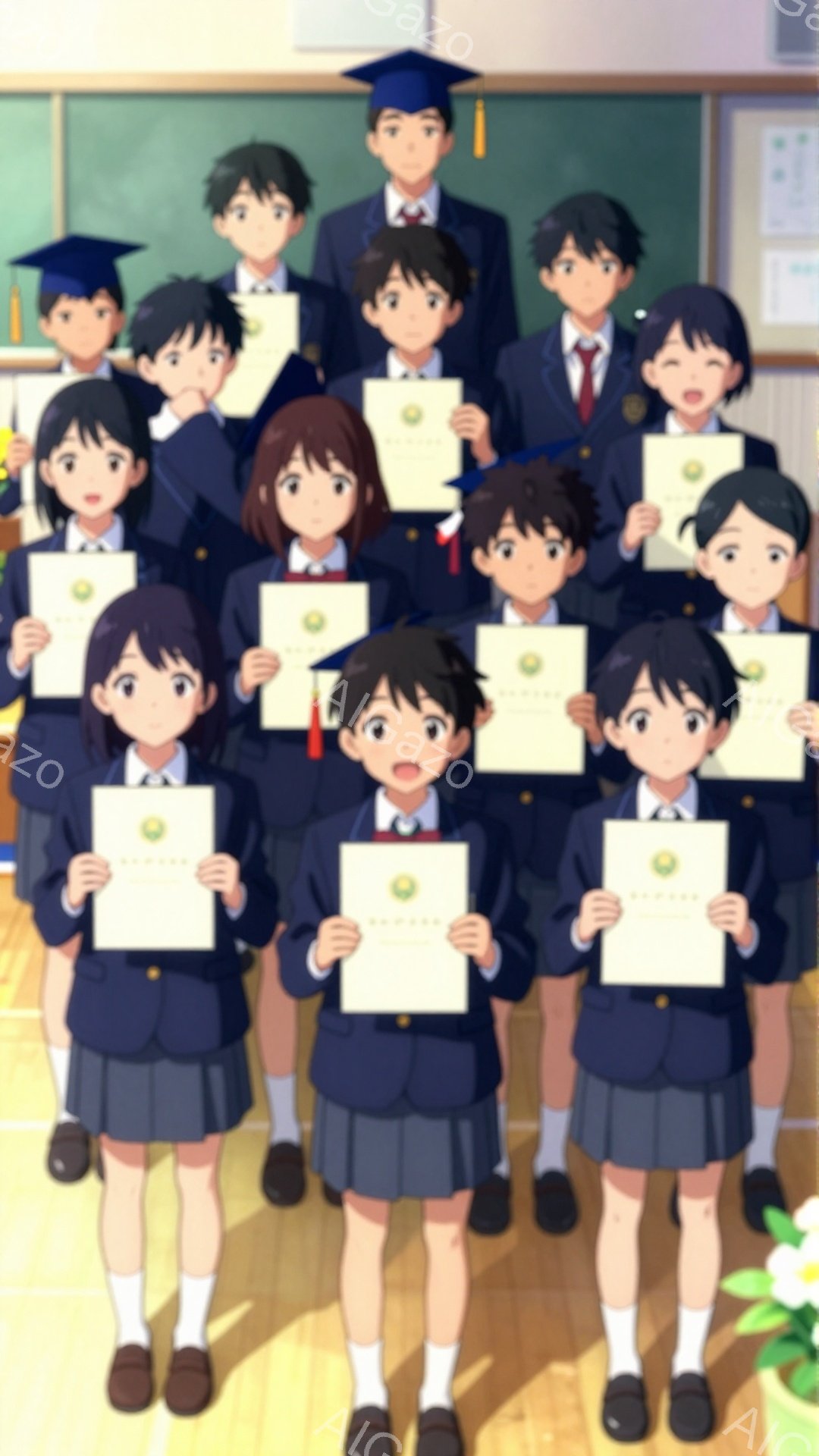 制服を着た学生たちが卒業証書を持って並んでいます。背景には教室らしきものがぼやけて見え、明るい雰囲気です。皆、少し緊張しながらも笑顔を見せており、卒業の喜びが伝わってきます。