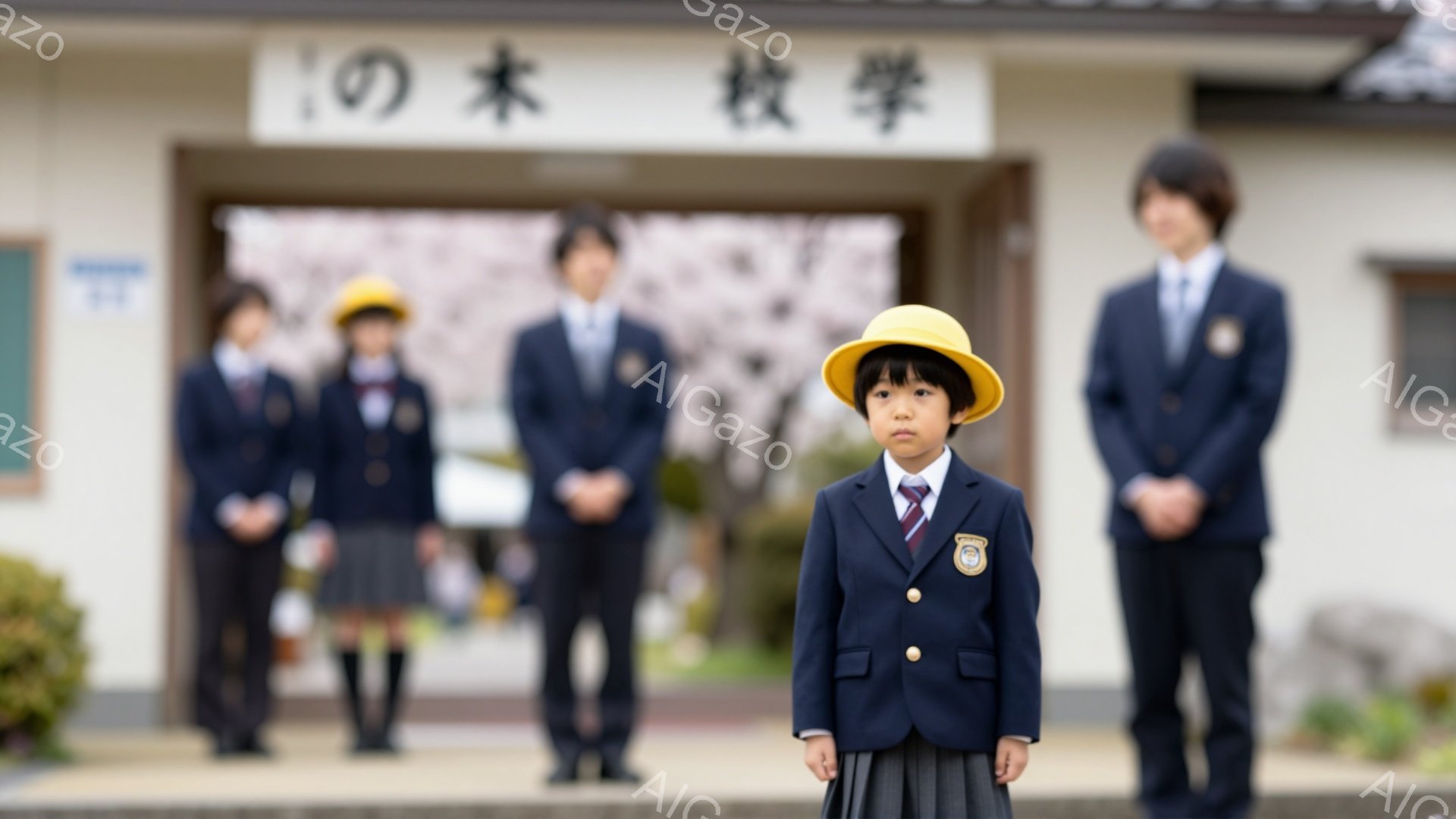 幼稚園または小学校の入学式のような場面で、制服を着た子供たちが並んでいます。前の子の黄色い帽子が目を引き、少し緊張した表情でカメラの方を見ています。背景には学校の建物が見え、春の柔らかな光が全体を包んでいます。