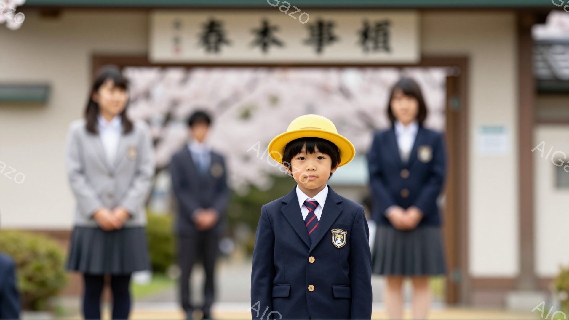 制服を着た男の子が正面を見据えています。背景には、同じ制服を着た女の子たちがぼやけて写っており、桜の木が咲き誇る春の学校の風景です。明るい日差しが、入園式や卒業式のような特別な日の雰囲気を醸し出してい - AI生成フリー素材