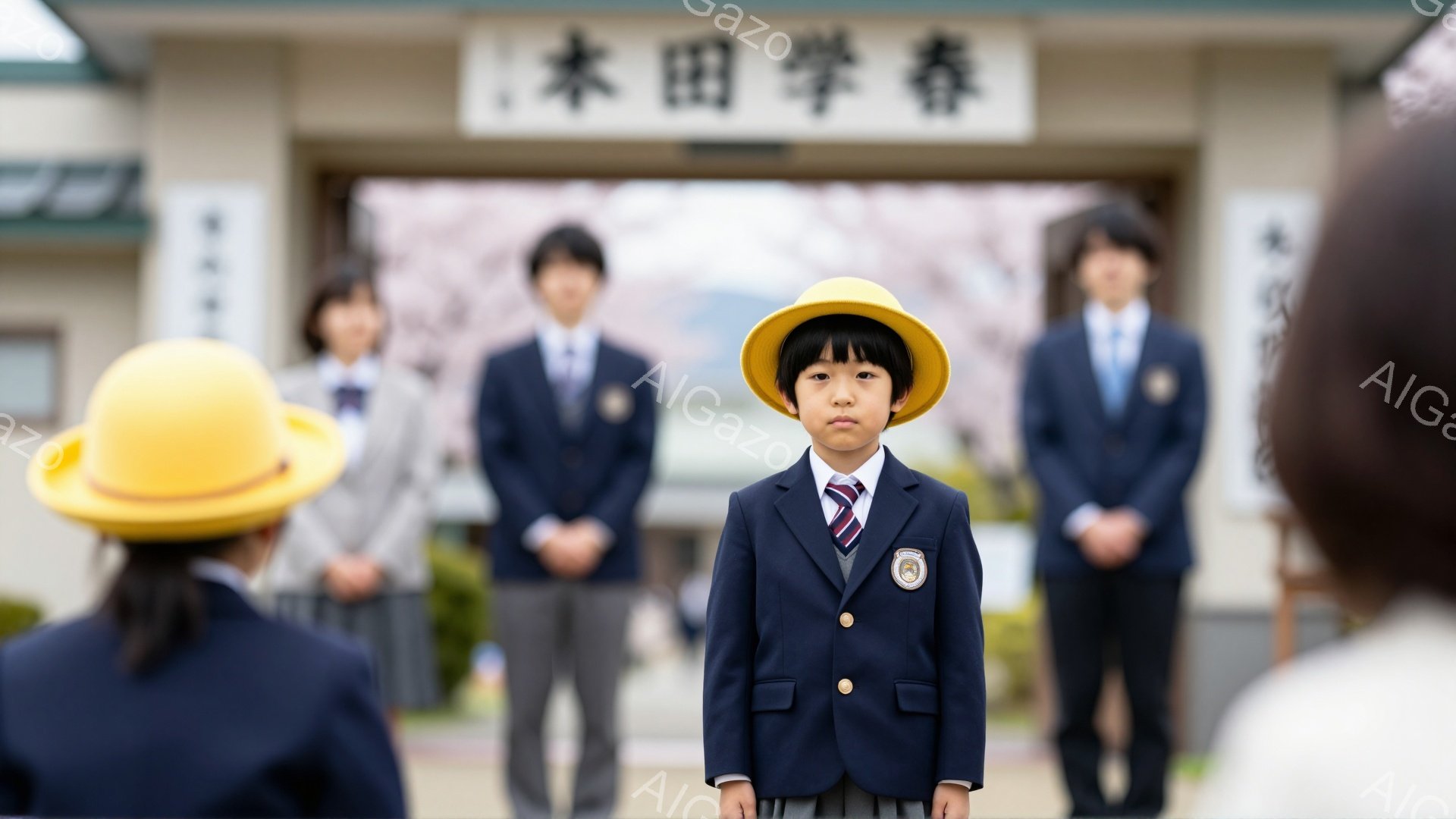 小さな男の子が、小学校の入学式で正面に立っている。紺色のブレザーに黄色の帽子を被り、少し緊張した表情を見せている。背景には同じ制服を着た他の生徒たちが並んでおり、厳かな雰囲気が漂っている。