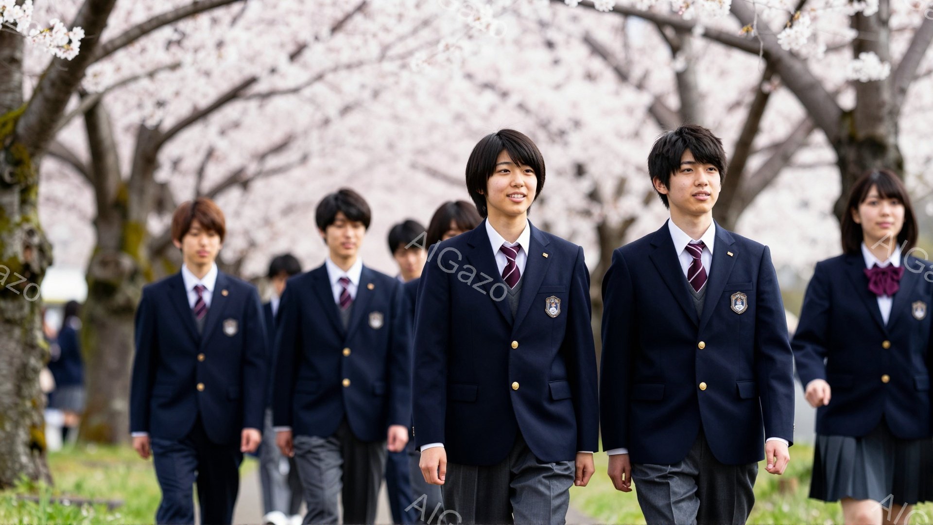 制服を着た男子生徒と女子生徒が、桜並木の中を歩いている。彼らは皆、真剣な表情で前を見据え、学校生活への期待や不安を感じているようである。春の柔らかな光が彼らを照らし、希望に満ちた雰囲気を醸し出している。
