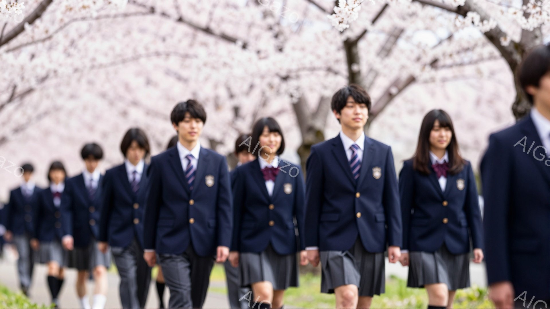制服を着た男子生徒と女子生徒たちが、桜並木の中を歩いている。彼らは皆、真剣な表情で前を見据えており、新学期や卒業式など、何らかの重要なイベントに向かっているようである。桜の花びらが舞い散る中、彼らの背 - AI生成フリー素材
