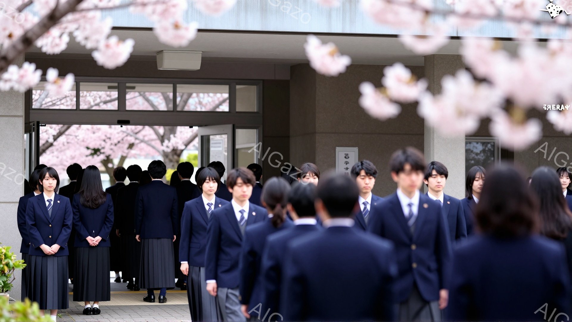 制服を着た男子生徒と女子生徒が整列し、どこかを見つめている。背景には学校の建物と桜の花びらが舞っており、卒業式や入学式のような厳かな雰囲気を感じさせる。生徒たちは真剣な表情で、これから始まる新しい生活への期待と不安が入り混じっているようだ。