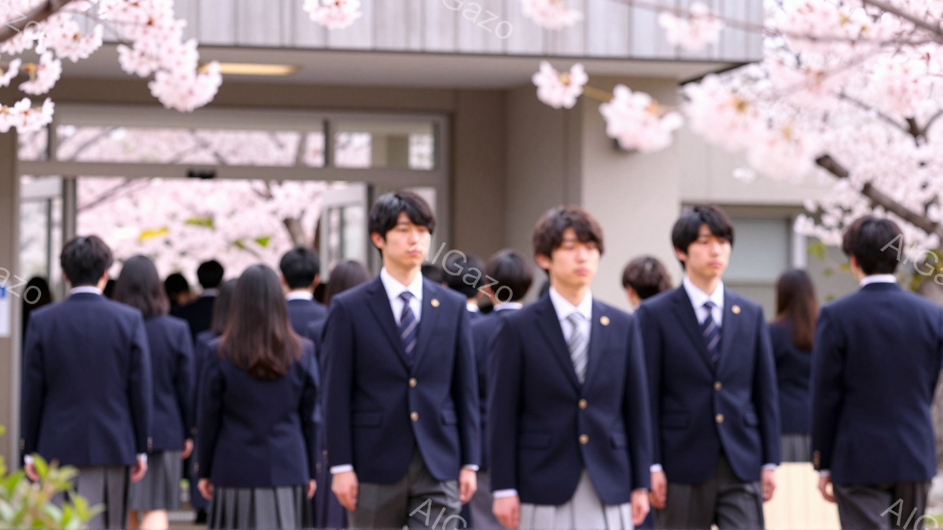 制服を着た男子学生たちが、桜並木の下を歩いている。皆、背筋を伸ばし、少し緊張した表情をしている。背景には学校の建物が見え、入学式などの行事の様子であることがわかる。